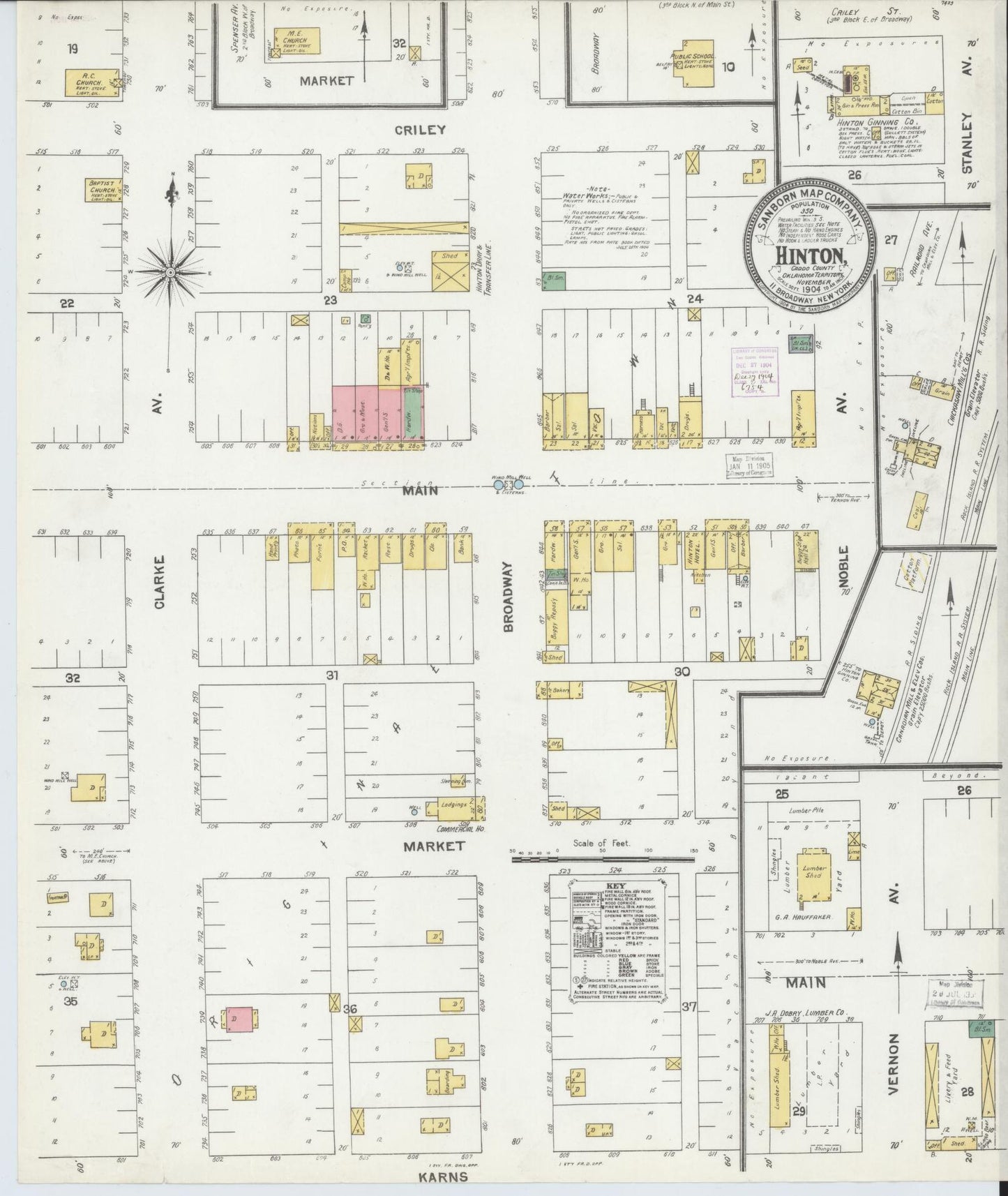Sanborn Fire Insurance Map from Hinton, Caddo County, Oklahoma (1904), Sheet #0001 - Historic Sanborn Fire Insurance Map Print, vintage old map wall art, antique decor, genealogy gift, Oklahoma Oklahoma map