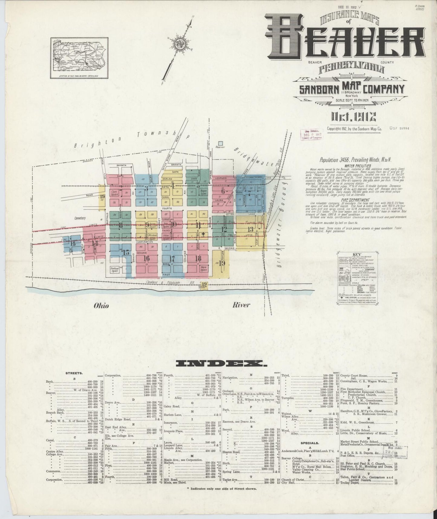 Sanborn Fire Insurance Map from Beaver, Beaver County, Pennsylvania (1912), Sheet #0001 - Historic Sanborn Fire Insurance Map Print, vintage old map wall art, antique decor, genealogy gift, Pennsylvania Pennsylvania map