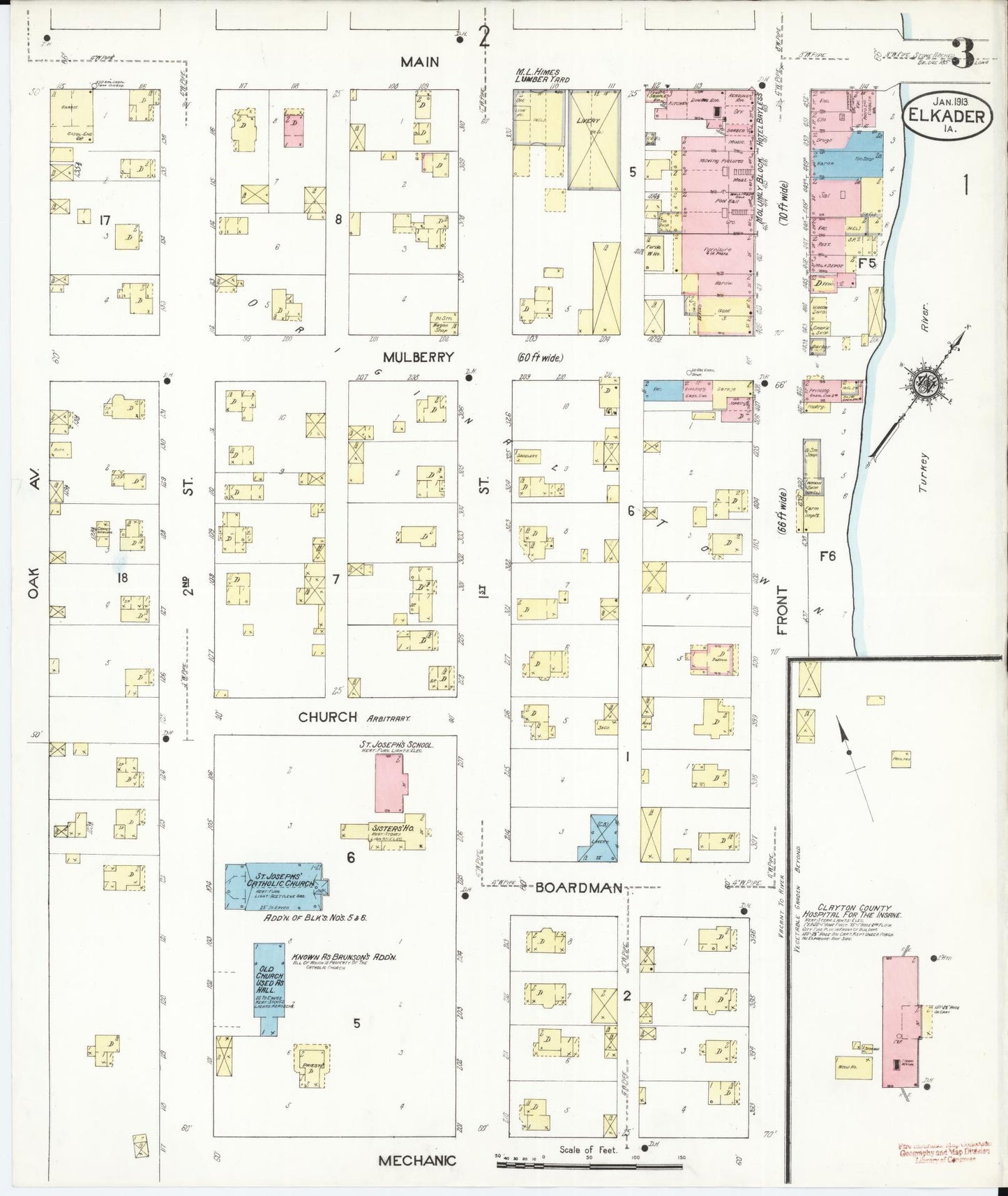 Sanborn Fire Insurance Map from Elkader, Clayton County, Iowa (1913), Sheet #0003 - Historic Sanborn Fire Insurance Map Print, vintage old map wall art