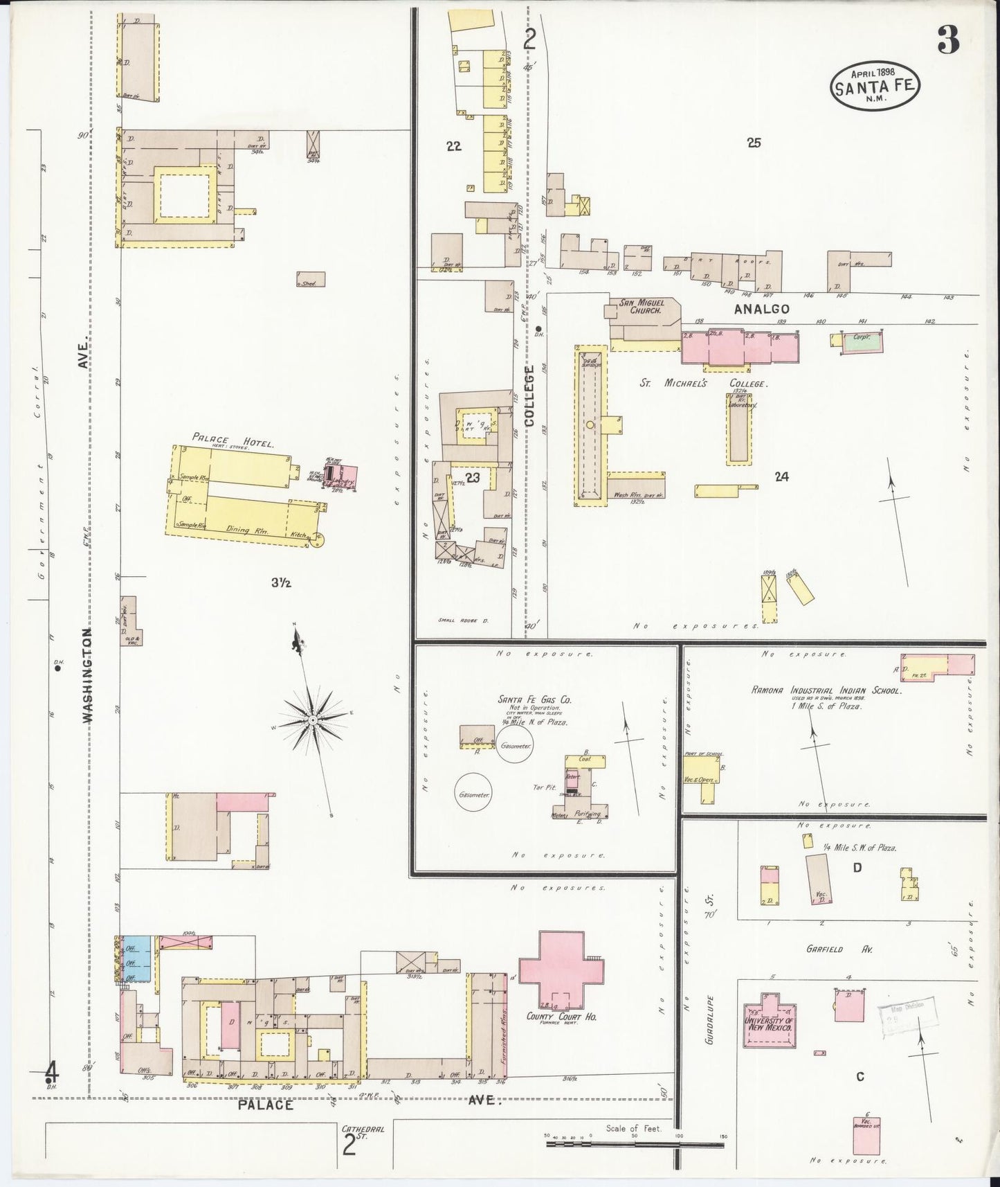 Sanborn Fire Insurance Map from Santa Fe, Santa Fe County, New Mexico (1898), Sheet #0003 - Historic Sanborn Fire Insurance Map Print, vintage old map wall art, antique decor, genealogy gift, New Mexico New Mexico map