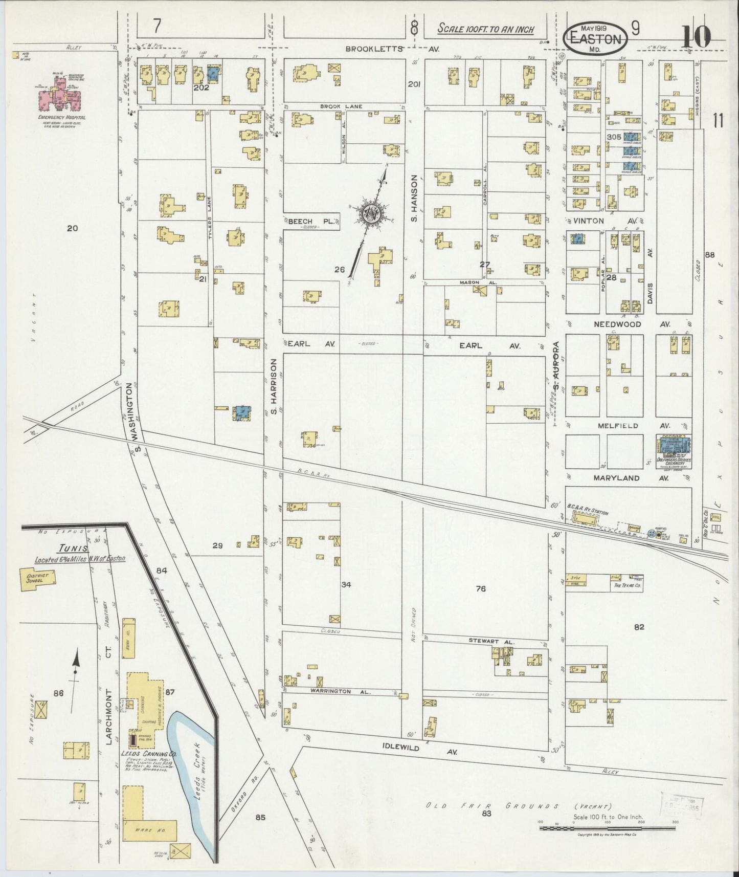 Talbot, Maryland - 1919 - Sanborn Fire Insurance Map, Sheet #0010 - Historic Sanborn Fire Insurance Map Print, Talbot Maryland 1919 0010 vintage old map wall art