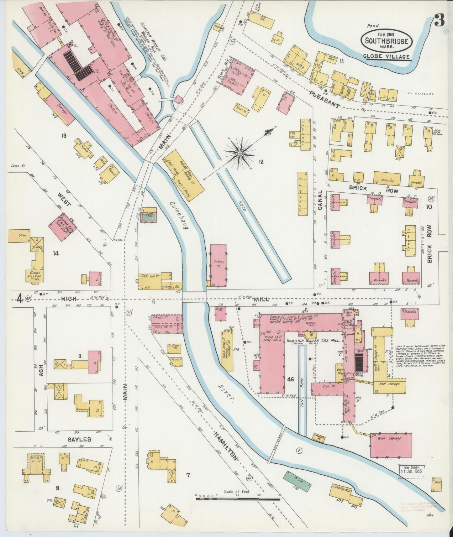 Sanborn Fire Insurance Map from Southbridge, Worcester County, Massachusetts (1904), Sheet #0003 - Historic Sanborn Fire Insurance Map Print, vintage old map wall art, antique decor, genealogy gift, Massachusetts Massachusetts map