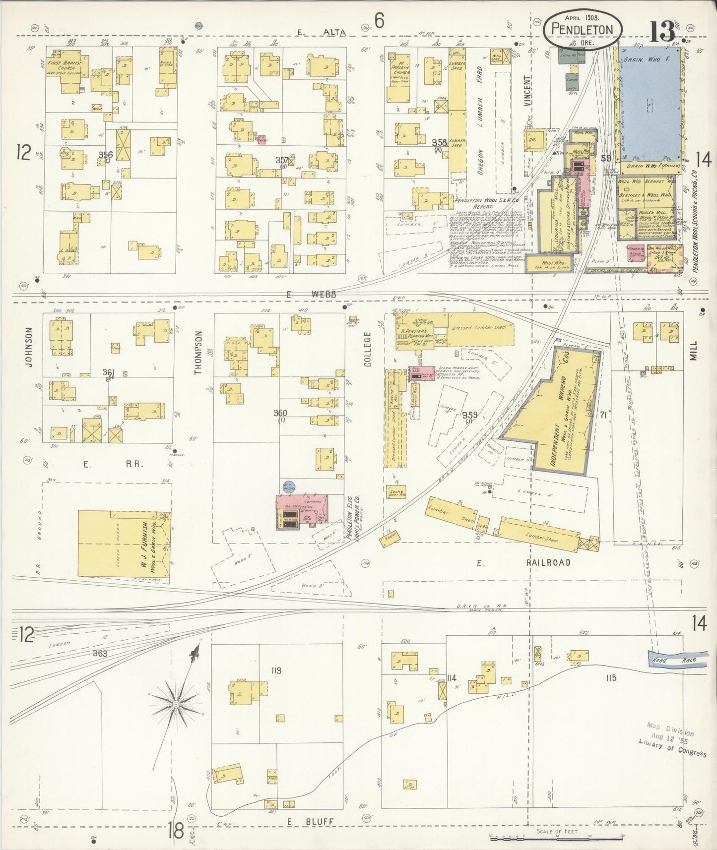 Sanborn Fire Insurance Map from Pendleton, Umatilla County, Oregon (1903), Sheet #0013 - Historic Sanborn Fire Insurance Map Print, vintage old map wall art, antique decor, genealogy gift, Oregon Oregon map