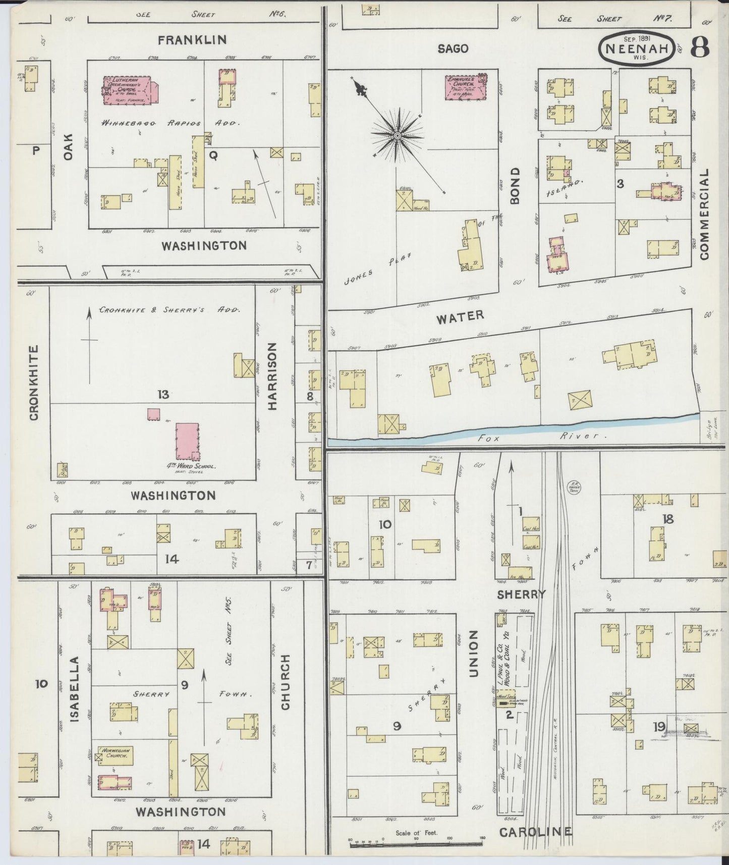 Sanborn Fire Insurance Map from Neenah, Winnebago County, Wisconsin (1891), Sheet #0008 - Historic Sanborn Fire Insurance Map Print, vintage old map wall art, antique decor, genealogy gift, Wisconsin Wisconsin map