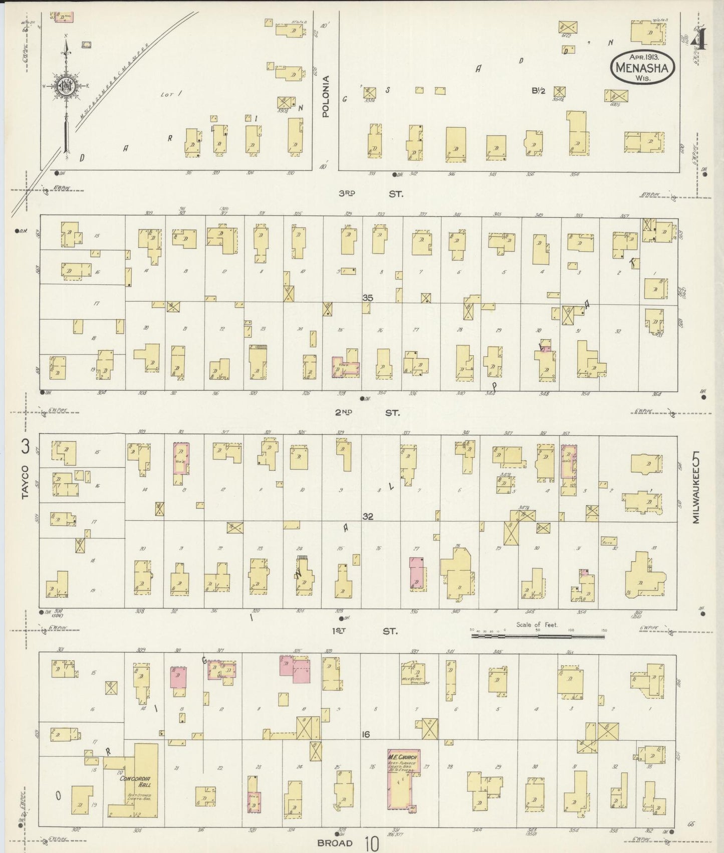 Sanborn Fire Insurance Map from Menasha, Winnebago County, Wisconsin (1913), Sheet #0004 - Historic Sanborn Fire Insurance Map Print, vintage old map wall art, antique decor, genealogy gift, Wisconsin Wisconsin map