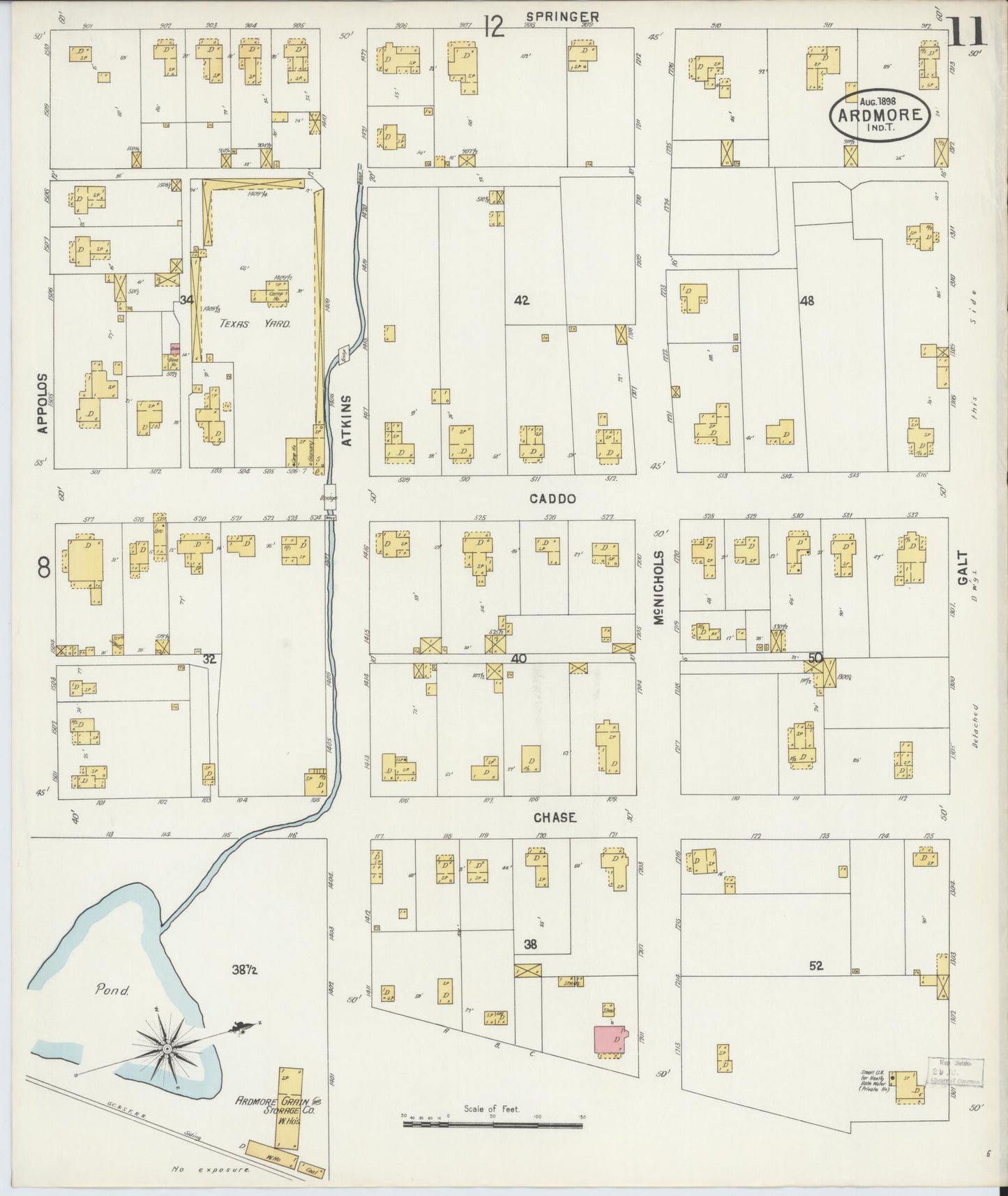 Sanborn Fire Insurance Map from Ardmore, Carter County, Oklahoma (1898), Sheet #0011 - Historic Sanborn Fire Insurance Map Print, vintage old map wall art, antique decor, genealogy gift, Oklahoma Oklahoma map