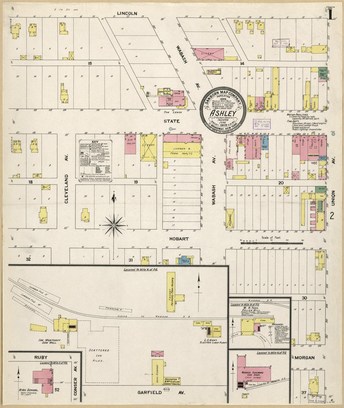 Sanborn Fire Insurance Map from Ashley, Steuben County, Indiana (1909), Sheet #0001 - Historic Sanborn Fire Insurance Map Print, vintage old map wall art, antique decor, genealogy gift, Indiana Indiana map