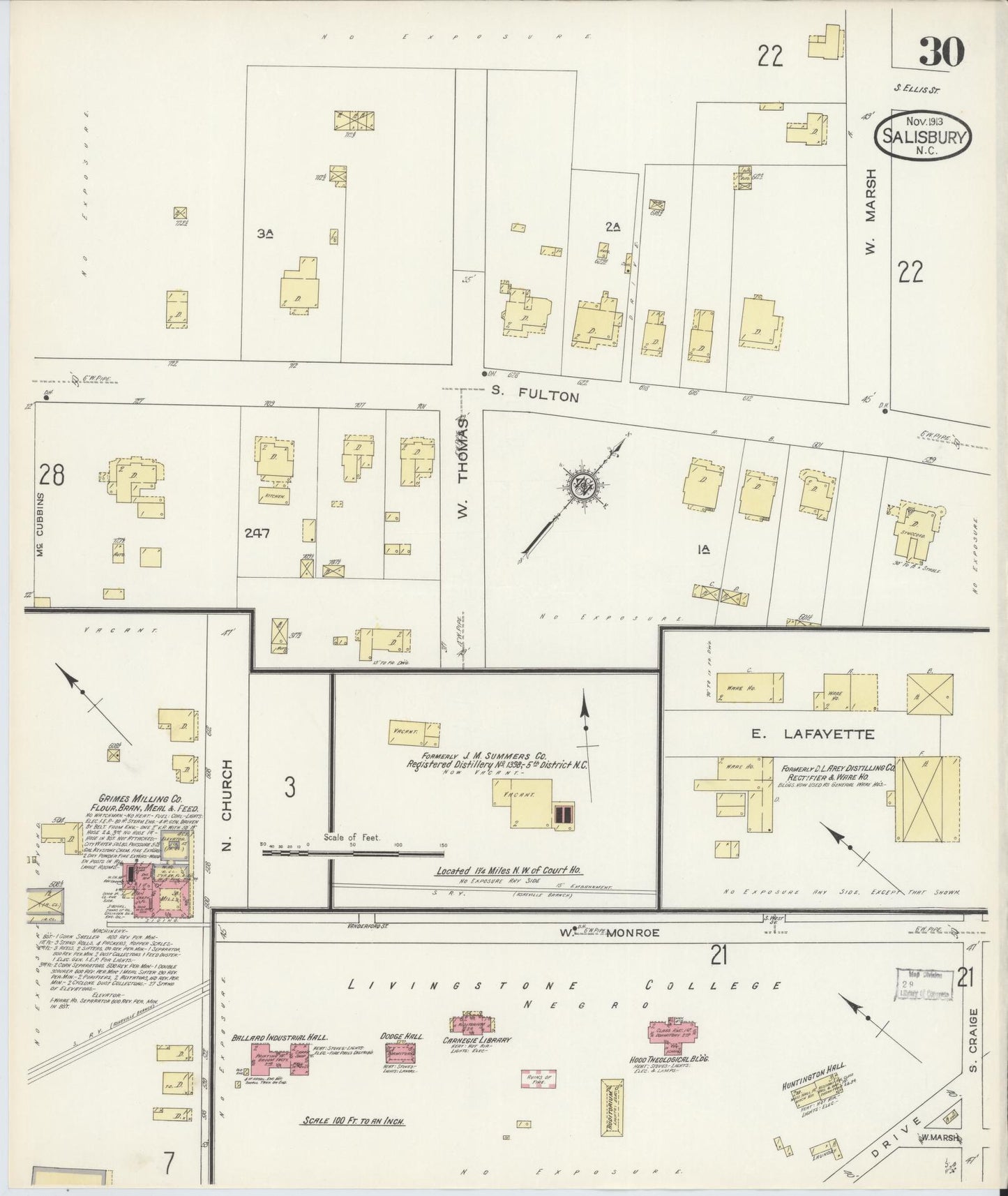 Sanborn Fire Insurance Map from Salisbury, Rowan County, North Carolina (1913), Sheet #0030 - Historic Sanborn Fire Insurance Map Print, vintage old map wall art, antique decor, genealogy gift, North Carolina North Carolina map