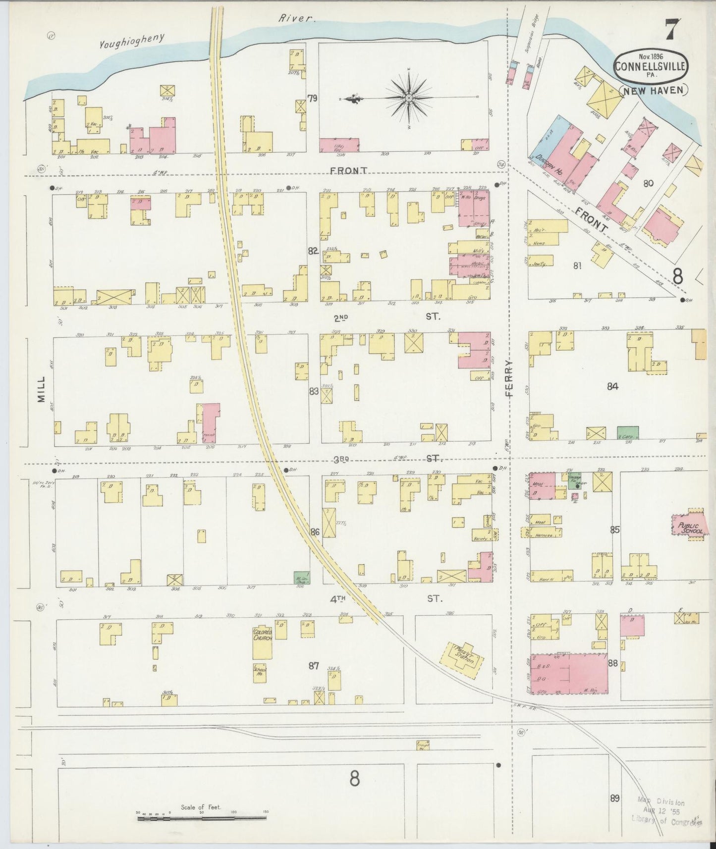 Sanborn Fire Insurance Map from Connellsville, Fayette County, Pennsylvania (1896), Sheet #0007 - Historic Sanborn Fire Insurance Map Print, vintage old map wall art, antique decor, genealogy gift, Pennsylvania Pennsylvania map