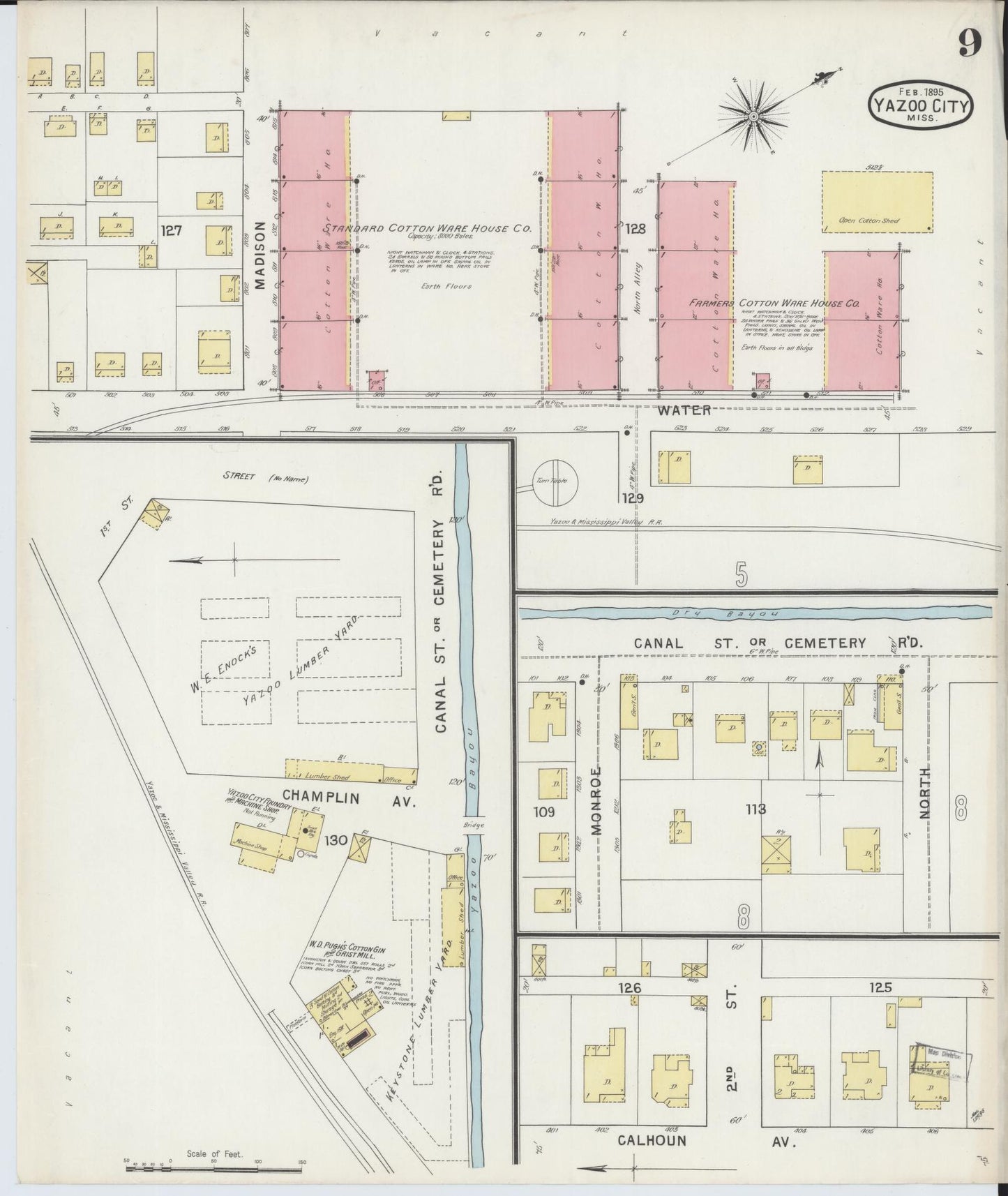 Sanborn Fire Insurance Map from Yazoo City, Yazoo County, Mississippi (1895), Sheet #0009 - Historic Sanborn Fire Insurance Map Print, vintage old map wall art, antique decor, genealogy gift, Mississippi Mississippi map