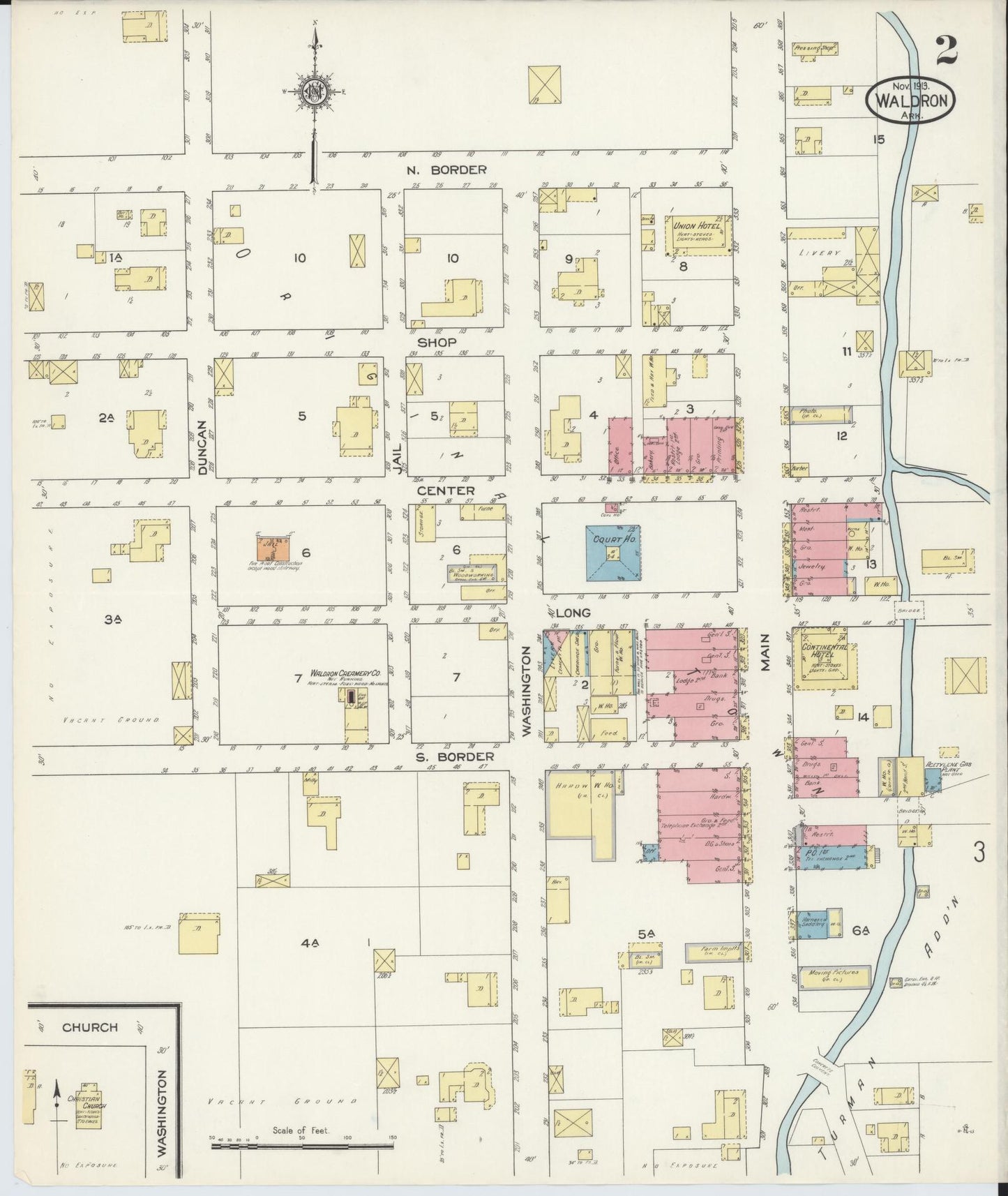 Sanborn Fire Insurance Map from Waldron, Scott County, Arkansas (1913), Sheet #0002 - Historic Sanborn Fire Insurance Map Print, vintage old map wall art, antique decor, genealogy gift, Arkansas Arkansas map