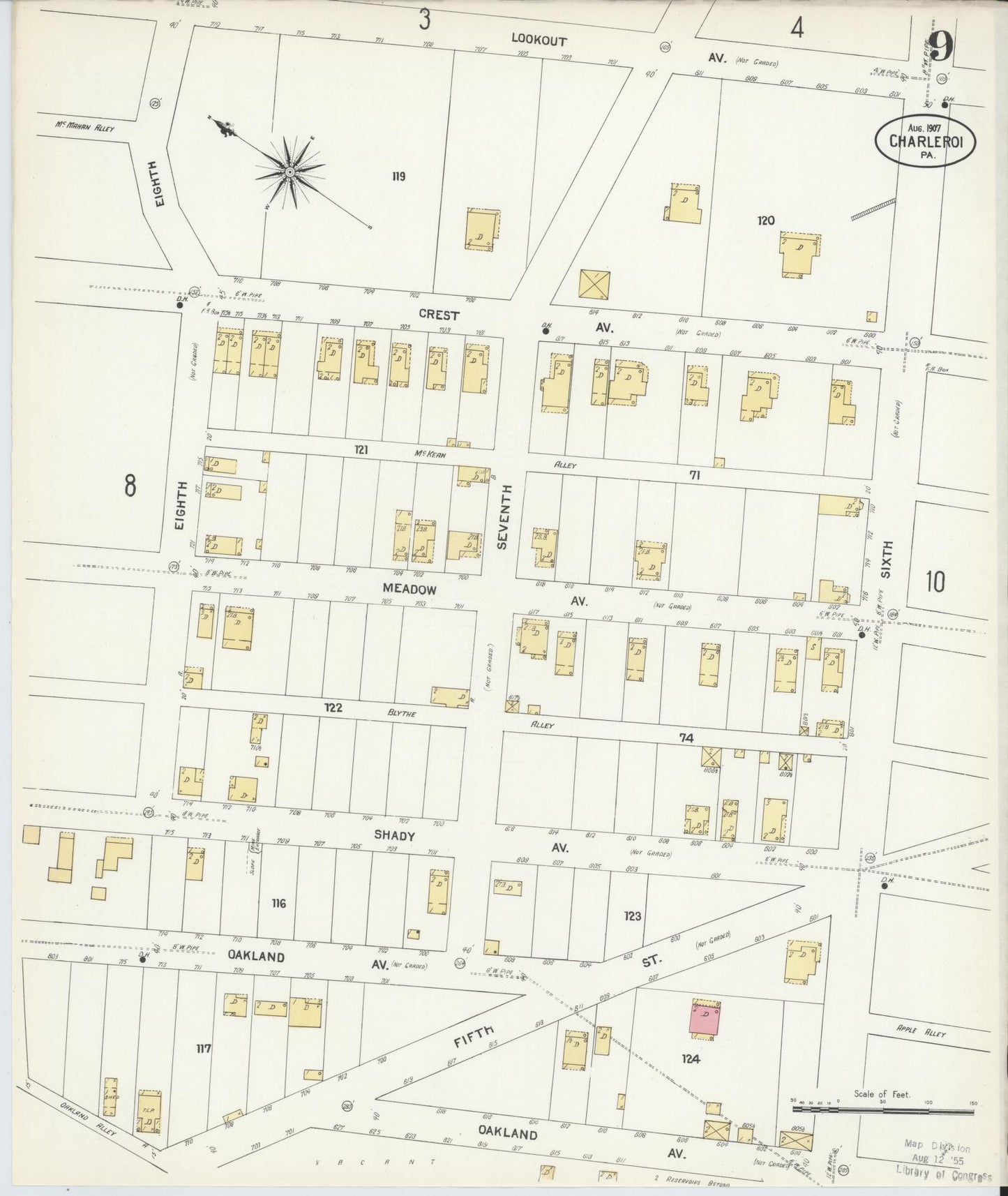 Sanborn Fire Insurance Map from Charleroi, Washington County, Pennsylvania (1907), Sheet #0009 - Historic Sanborn Fire Insurance Map Print, vintage old map wall art, antique decor, genealogy gift, Pennsylvania Pennsylvania map