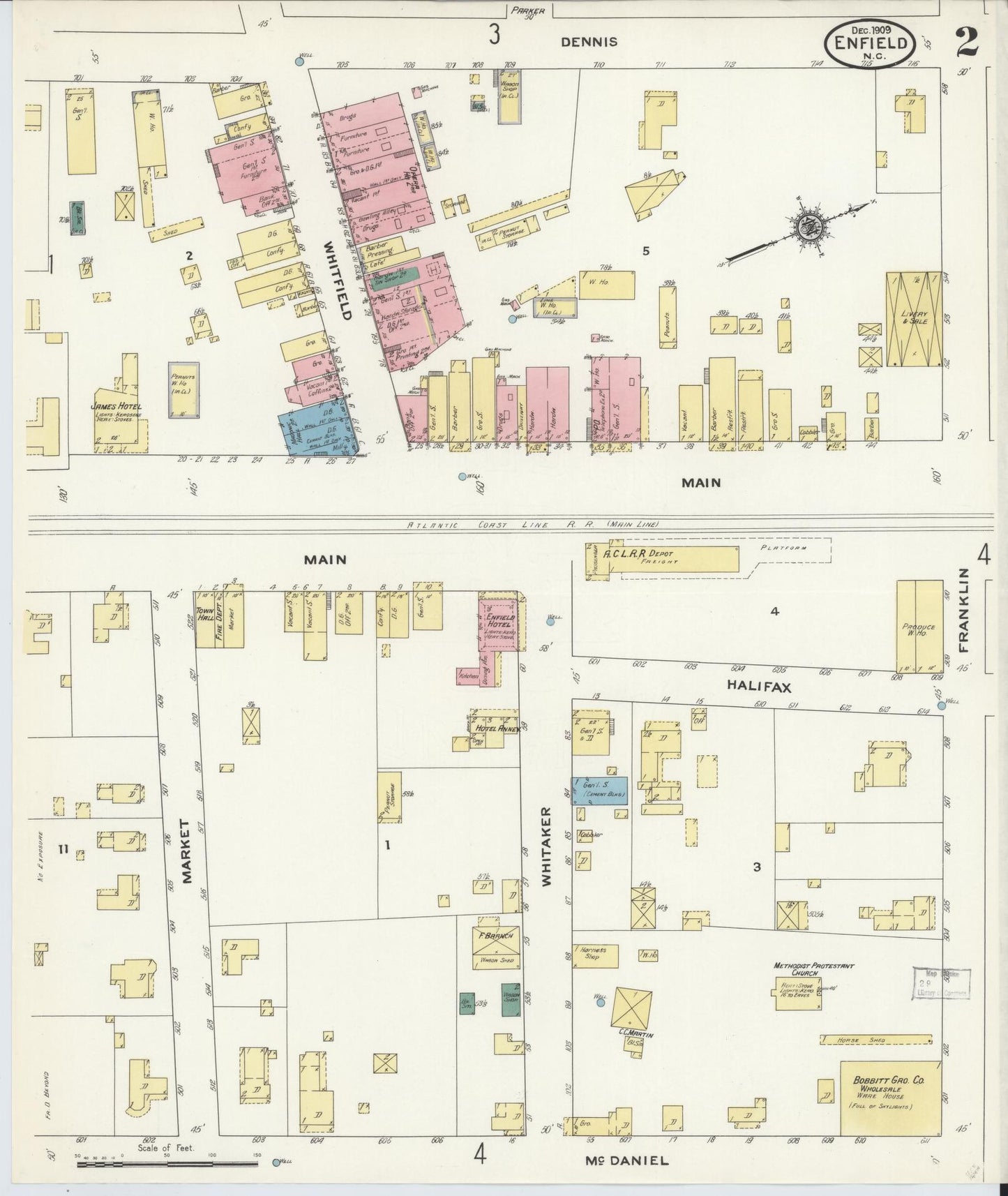 Sanborn Fire Insurance Map from Enfield, Halifax County, North Carolina (1909), Sheet #0002 - Historic Sanborn Fire Insurance Map Print, vintage old map wall art, antique decor, genealogy gift, North Carolina North Carolina map