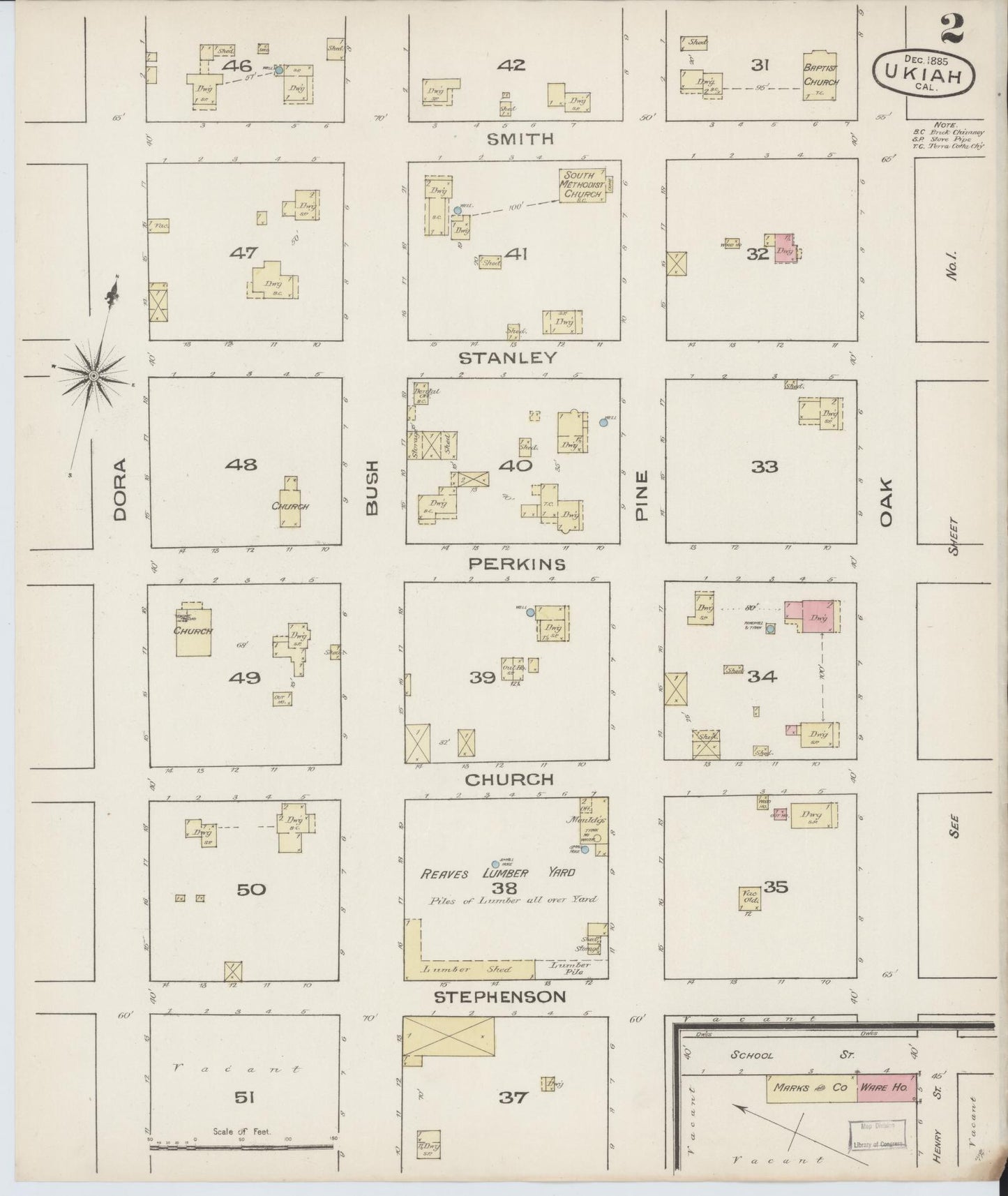 Sanborn Fire Insurance Map from Ukiah, Mendocino County, California (1885), Sheet #0002 - Complete Map Set gallery image, historic Sanborn map, vintage wall art, California California