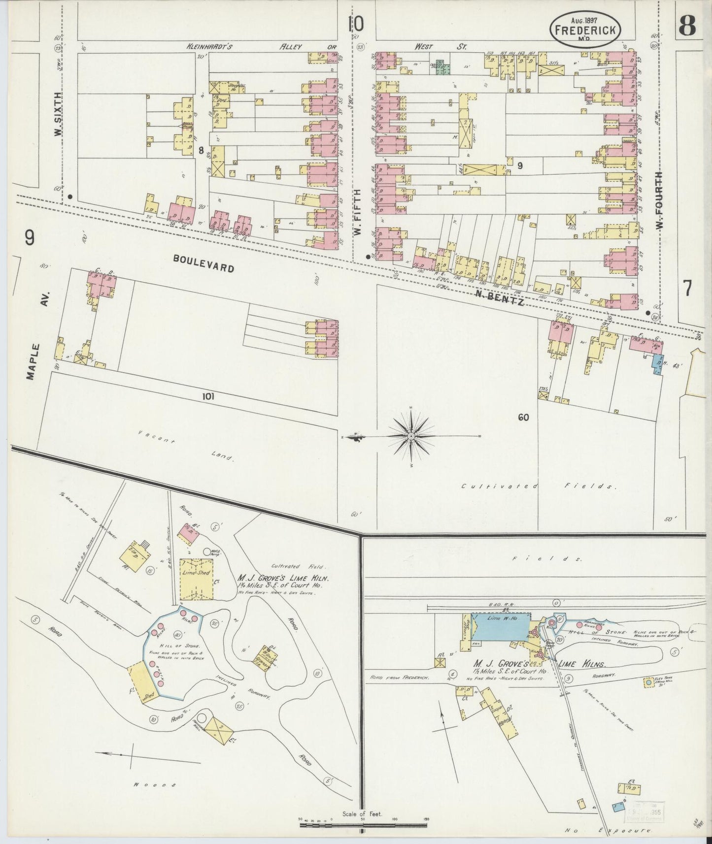 Frederick, Maryland - 1897 - Sanborn Fire Insurance Map, Sheet #0008 - Historic Sanborn Fire Insurance Map Print, Frederick Maryland 1897 0008 vintage old map wall art