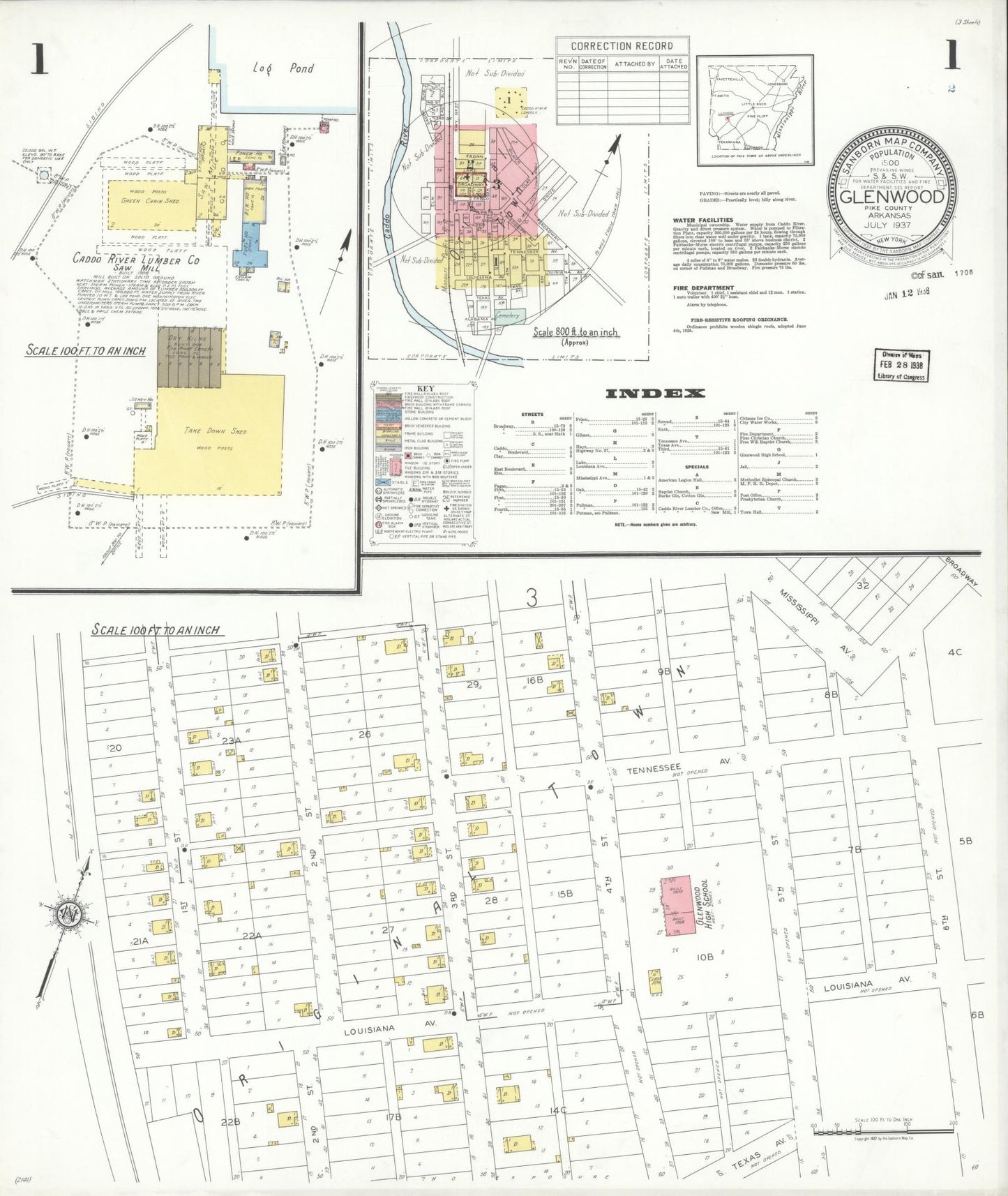 Sanborn Fire Insurance Map from Glenwood, Pike County, Arkansas (1937), Sheet #0001 - Historic Sanborn Fire Insurance Map Print, vintage old map wall art, antique decor, genealogy gift, Arkansas Arkansas map