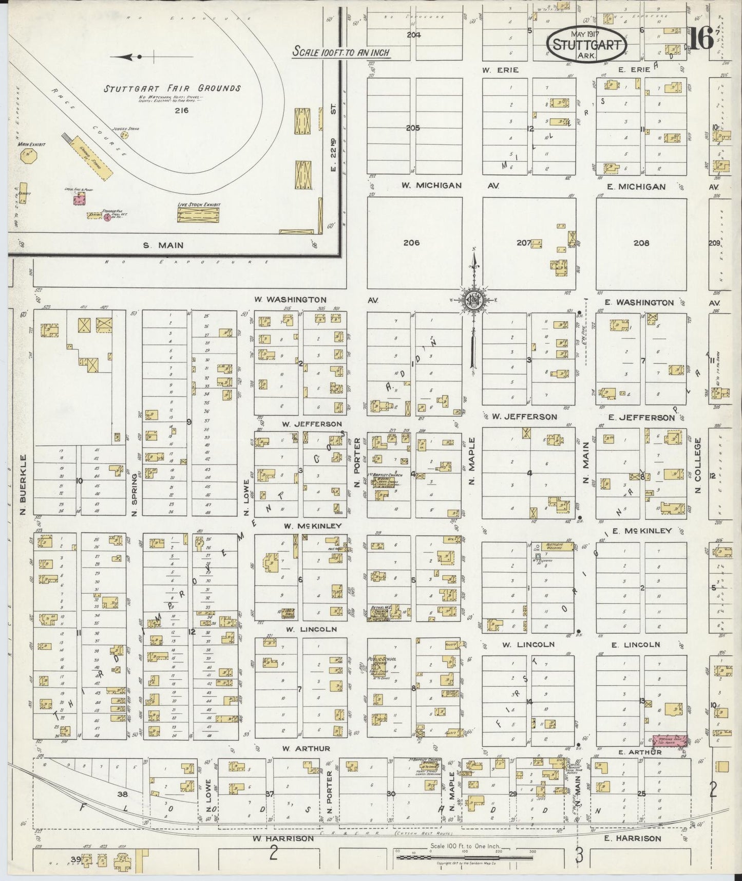 Sanborn Fire Insurance Map from Stuttgart, Arkansas County, Arkansas (1917), Sheet #0016 - Historic Sanborn Fire Insurance Map Print, vintage old map wall art, antique decor, genealogy gift, Stuttgart Arkansas map