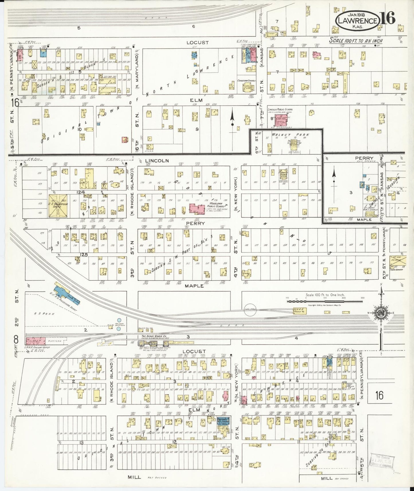 Sanborn Fire Insurance Map from Lawrence, Douglas County, Kansas (1918), Sheet #0016 - Complete Map Set gallery image, historic Sanborn map, vintage wall art, Kansas Kansas