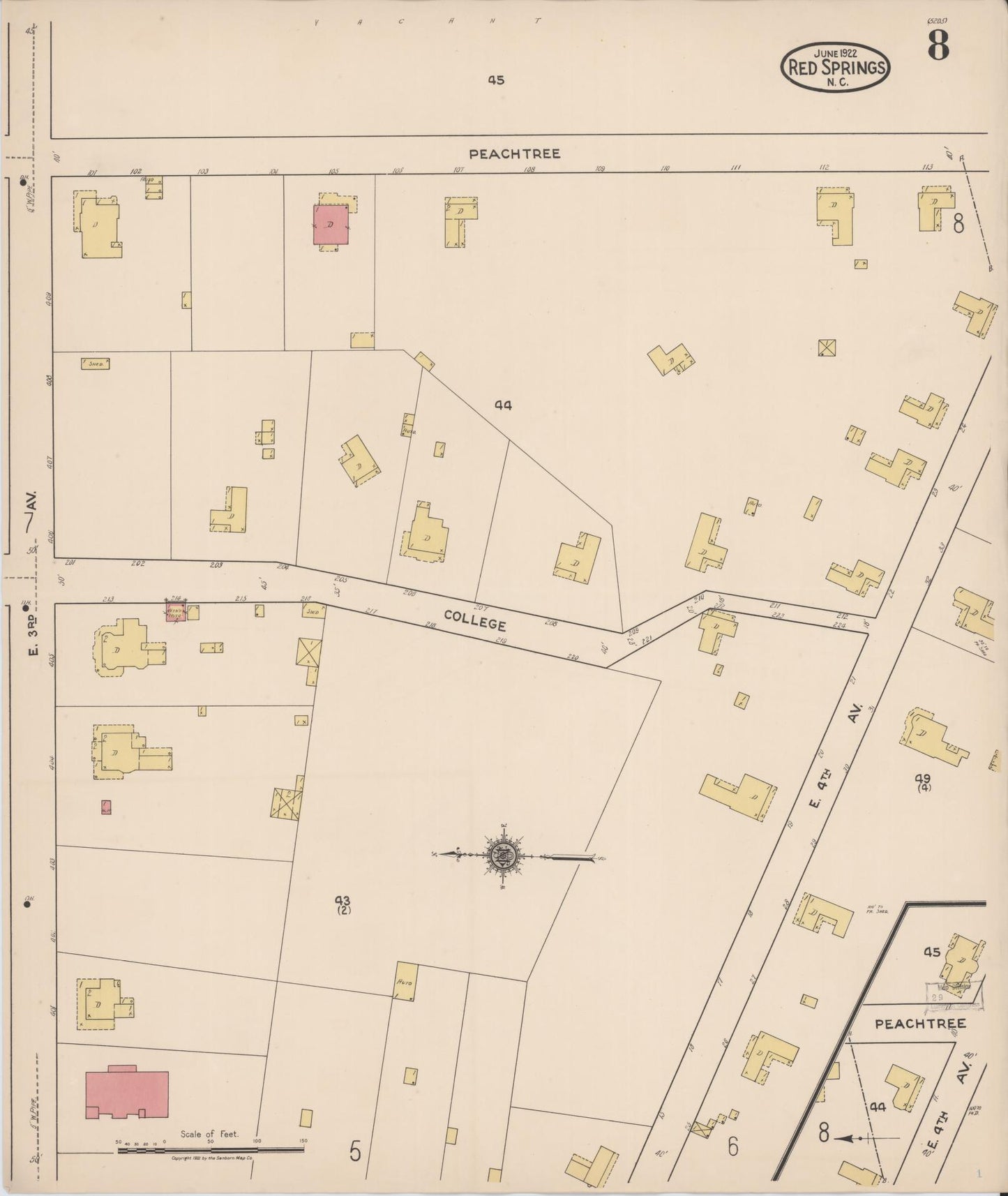 Sanborn Fire Insurance Map from Red Springs, Robeson County, North Carolina (1922), Sheet #0008 - Historic Sanborn Fire Insurance Map Print, vintage old map wall art, antique decor, genealogy gift, North Carolina North Carolina map