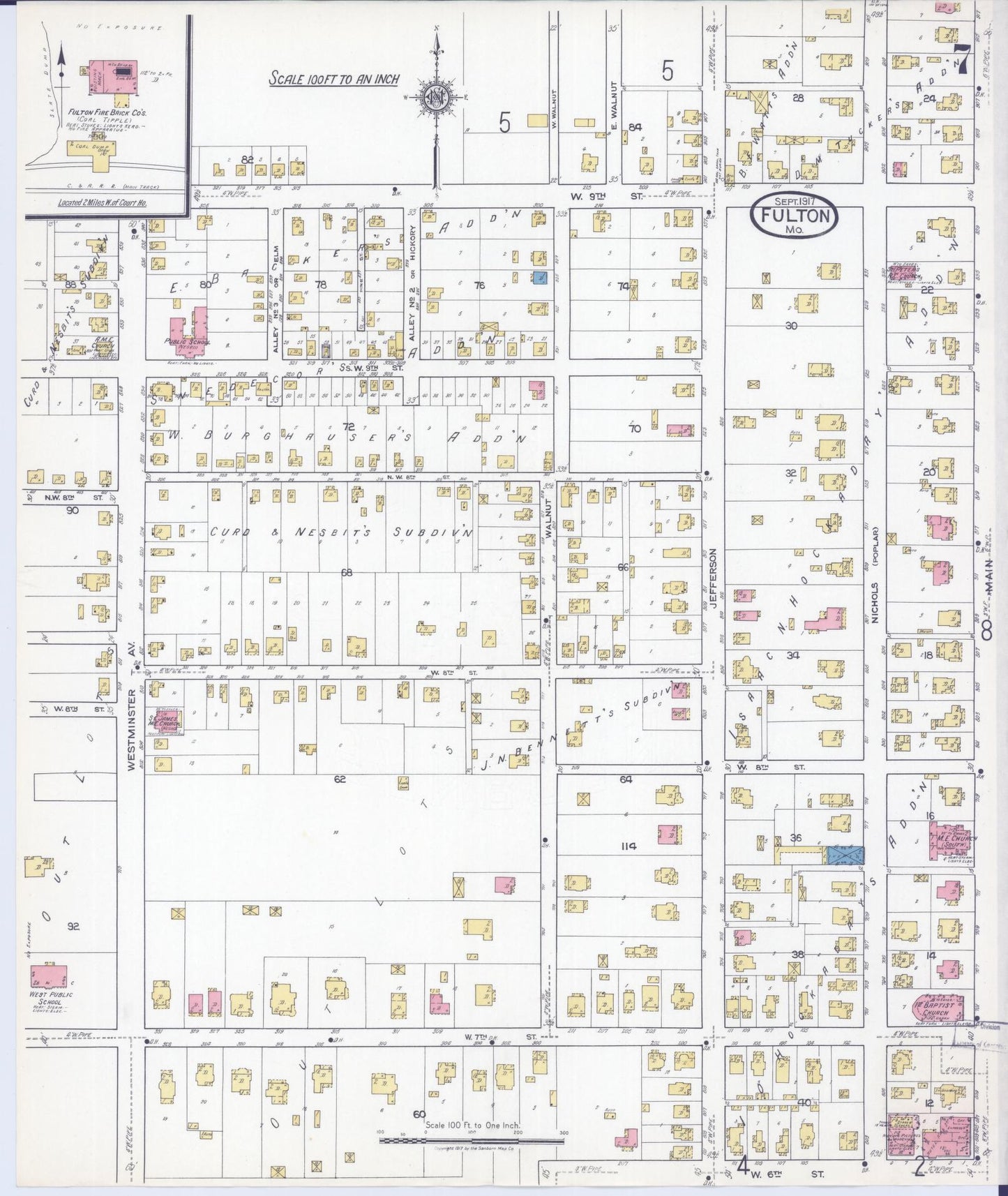 Sanborn Fire Insurance Map from Fulton, Callaway County, Missouri (1917), Sheet #0007 - Historic Sanborn Fire Insurance Map Print, vintage old map wall art, antique decor, genealogy gift, Missouri Missouri map