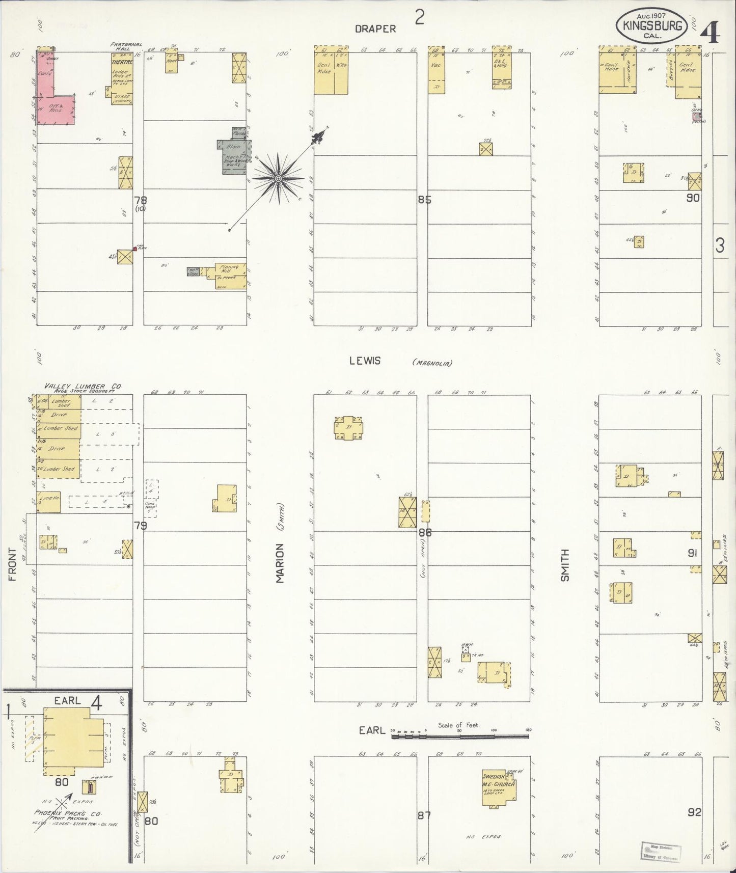 Sanborn Fire Insurance Map from Kingsburg, Fresno County, California (1907), Sheet #0004 - Historic Sanborn Fire Insurance Map Print, vintage old map wall art, antique decor, genealogy gift, California California map