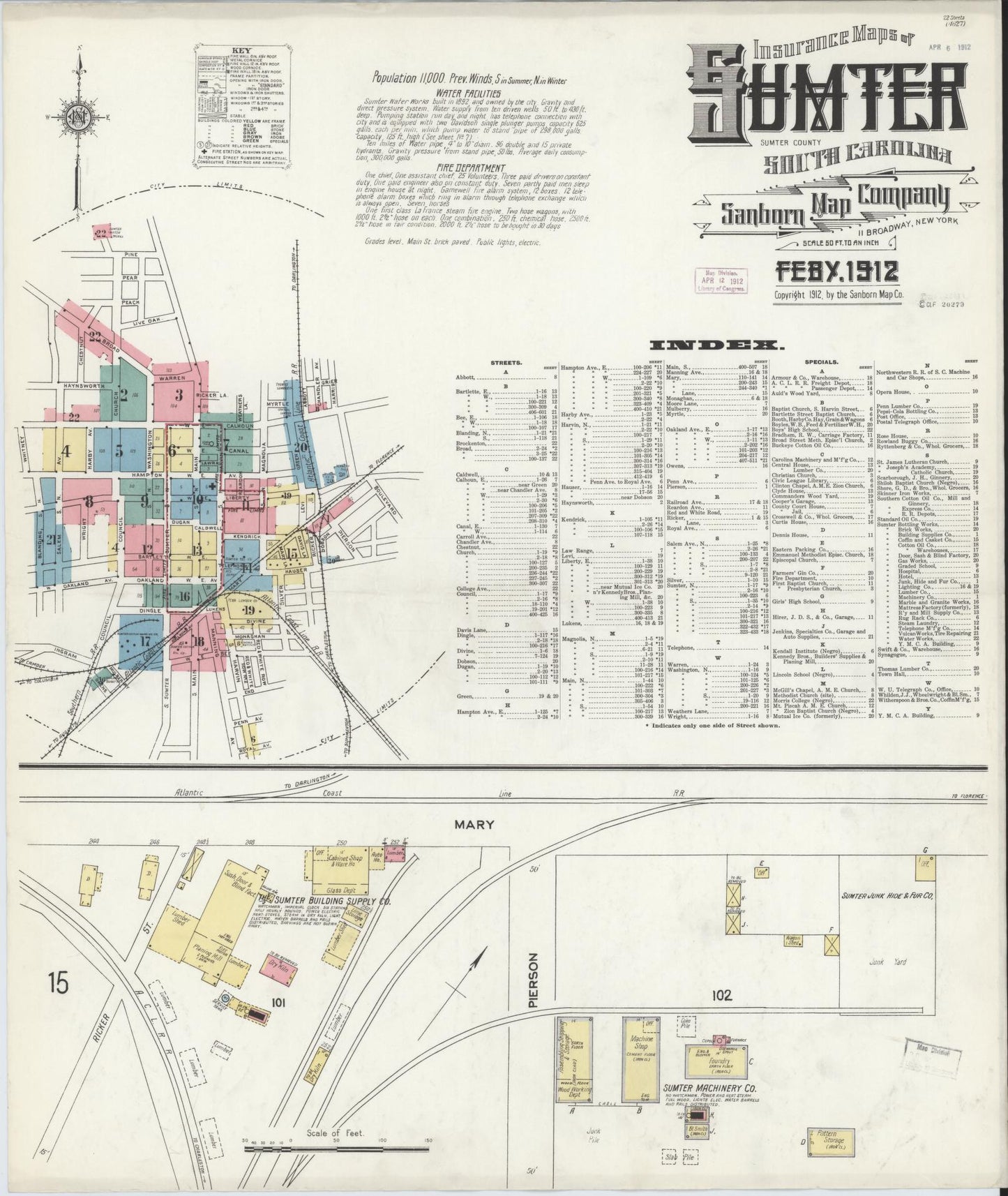 Sanborn Fire Insurance Map from Sumter, Sumter County, South Carolina (1912), Sheet #0001 - Historic Sanborn Fire Insurance Map Print, vintage old map wall art, antique decor, genealogy gift, South Carolina South Carolina map