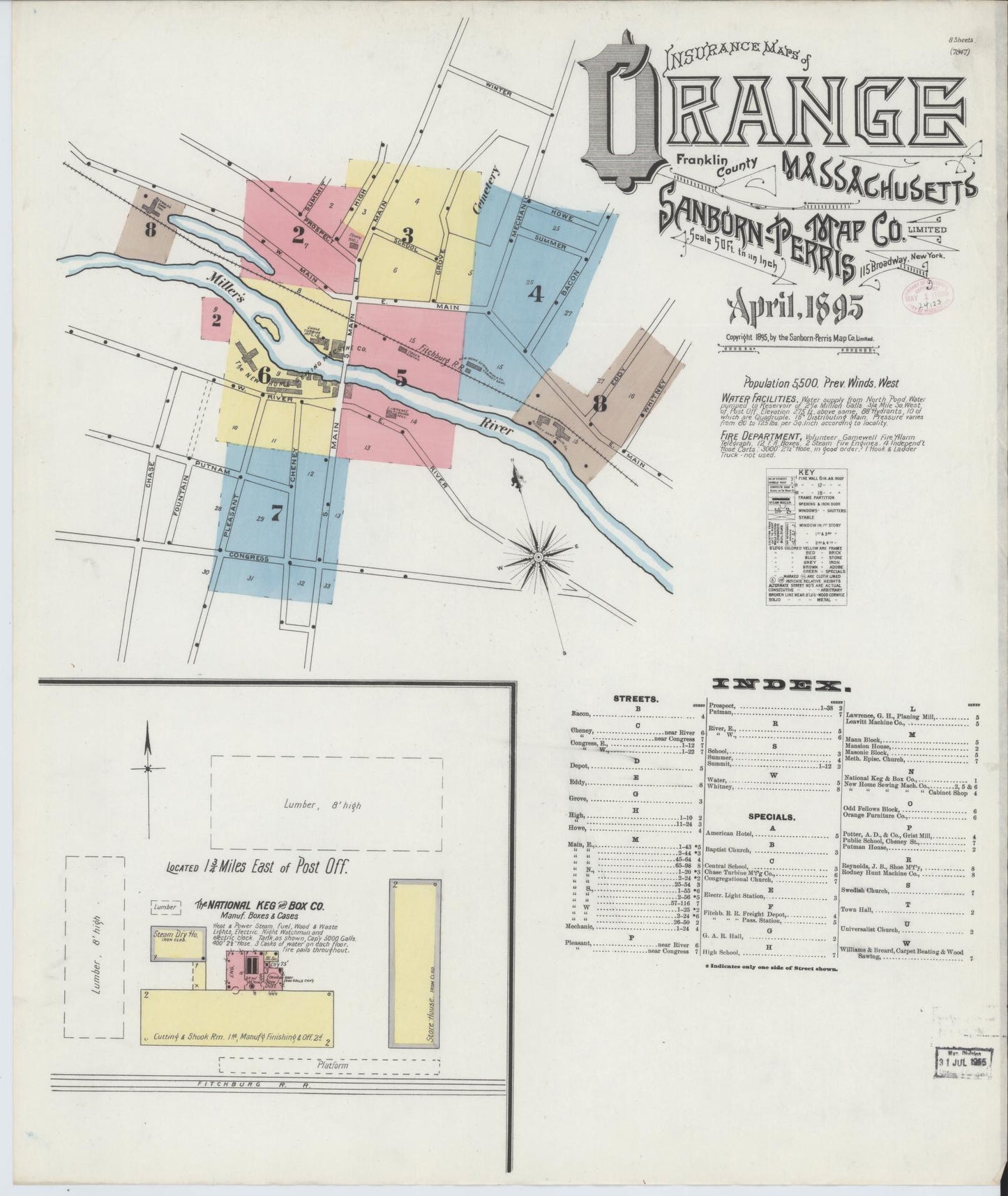 Sanborn Fire Insurance Map from Orange, Franklin County, Massachusetts (1895), Sheet #0001 - Historic Sanborn Fire Insurance Map Print, vintage old map wall art, antique decor, genealogy gift, Massachusetts Massachusetts map