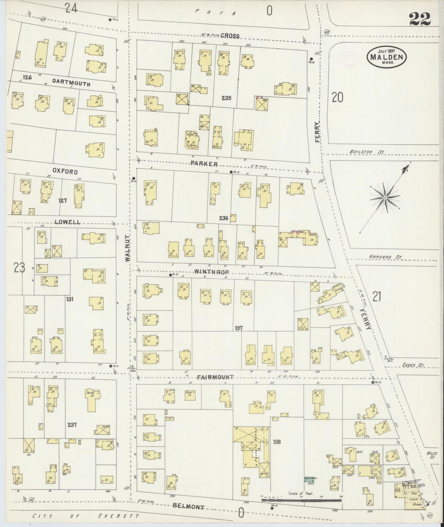 Sanborn Fire Insurance Map from Malden, Middlesex County, Massachusetts (1897), Sheet #0022 - Historic Sanborn Fire Insurance Map Print, vintage old map wall art, antique decor, genealogy gift, Massachusetts Massachusetts map
