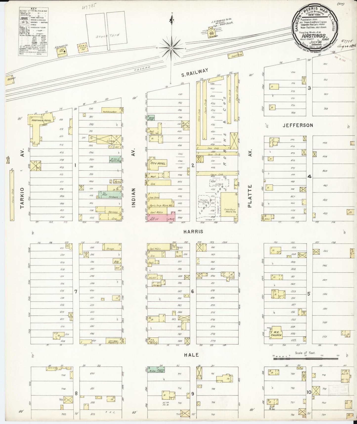 Sanborn Fire Insurance Map from Hastings, Mills County, Iowa (1896), Sheet #0001 - Historic Sanborn Fire Insurance Map Print, vintage old map wall art