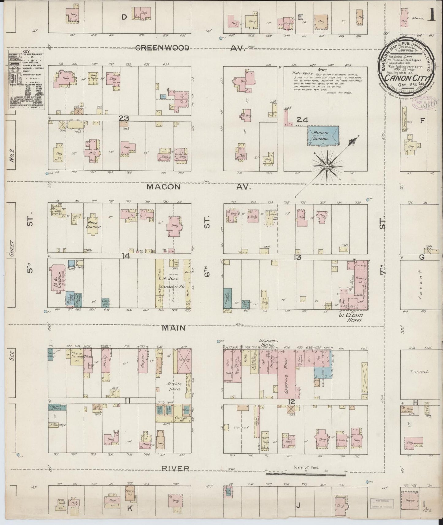 Sanborn Fire Insurance Map from Canon City, Fremont County, Colorado (1886), Sheet #0001 - Historic Sanborn Fire Insurance Map Print, vintage old map wall art, antique decor, genealogy gift, Colorado Colorado map