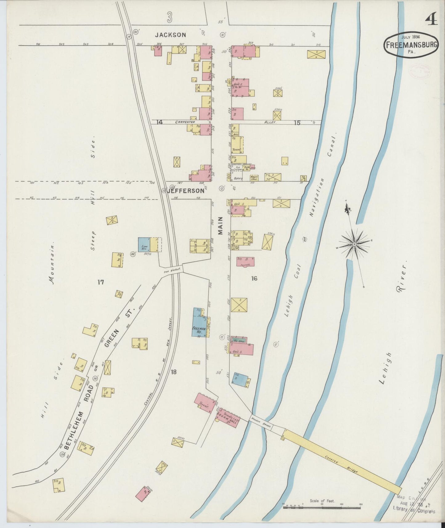 Sanborn Fire Insurance Map from Freemansburg, Northampton County, Pennsylvania (1894), Sheet #0004 - Historic Sanborn Fire Insurance Map Print, vintage old map wall art, antique decor, genealogy gift, Pennsylvania Pennsylvania map