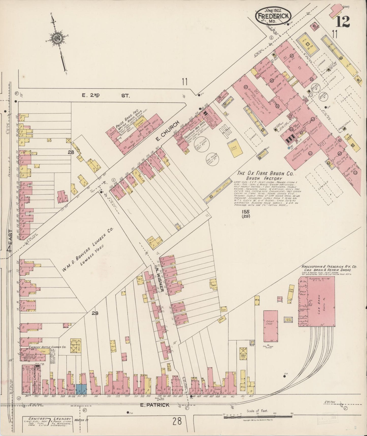 Sanborn Fire Insurance Map from Frederick, Frederick County, Maryland (1922), Sheet #0012 - Historic Sanborn Fire Insurance Map Print, vintage old map wall art