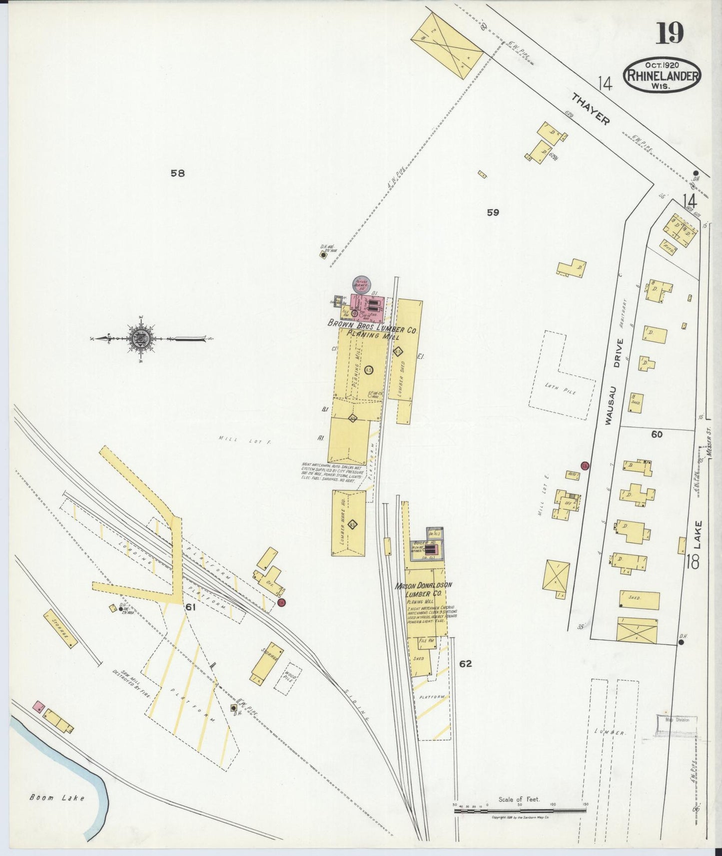 Sanborn Fire Insurance Map from Rhinelander, Oneida County, Wisconsin (1920), Sheet #0019 - Historic Sanborn Fire Insurance Map Print, vintage old map wall art, antique decor, genealogy gift, Wisconsin Wisconsin map