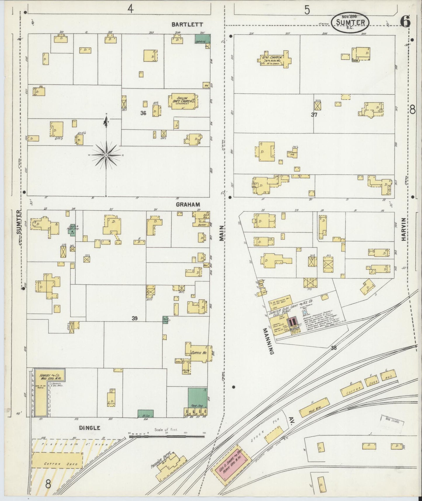 Sanborn Fire Insurance Map from Sumter, Sumter County, South Carolina (1899), Sheet #0006 - Historic Sanborn Fire Insurance Map Print, vintage old map wall art, antique decor, genealogy gift, South Carolina South Carolina map