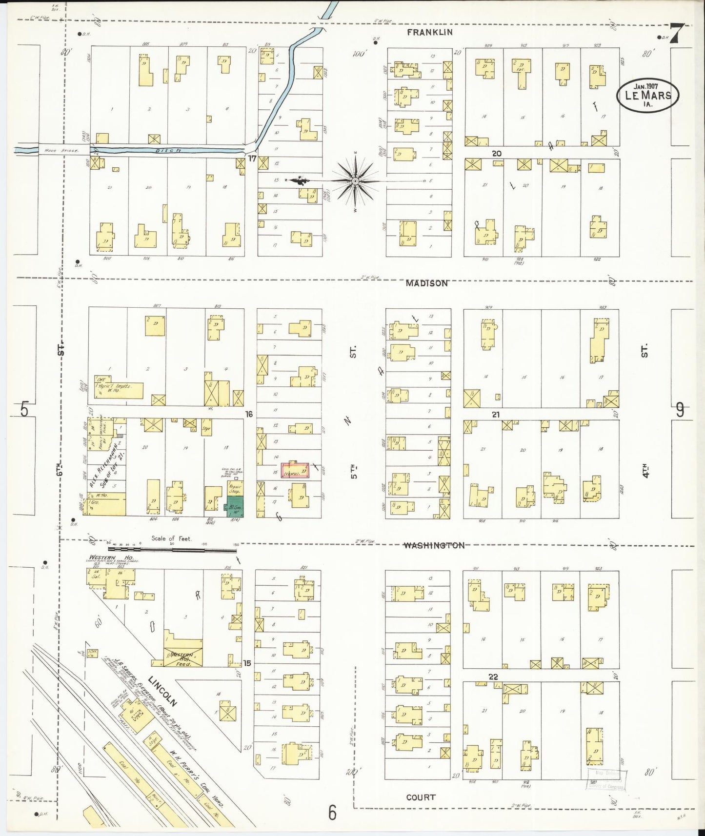 Sanborn Fire Insurance Map from Le Mars, Plymouth County, Iowa (1907), Sheet #0007 - Historic Sanborn Fire Insurance Map Print, vintage old map wall art