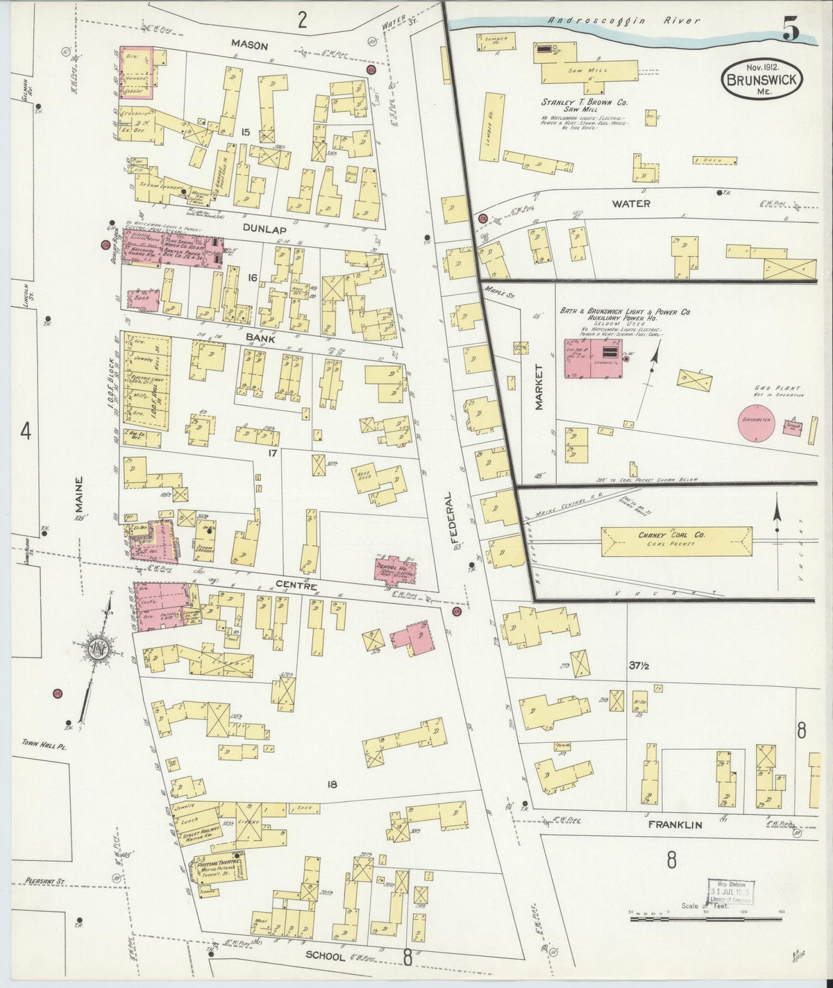 Sanborn Fire Insurance Map from Brunswick, Cumberland County, Maine (1912), Sheet #0005 - Historic Sanborn Fire Insurance Map Print, vintage old map wall art, antique decor, genealogy gift, Maine Maine map