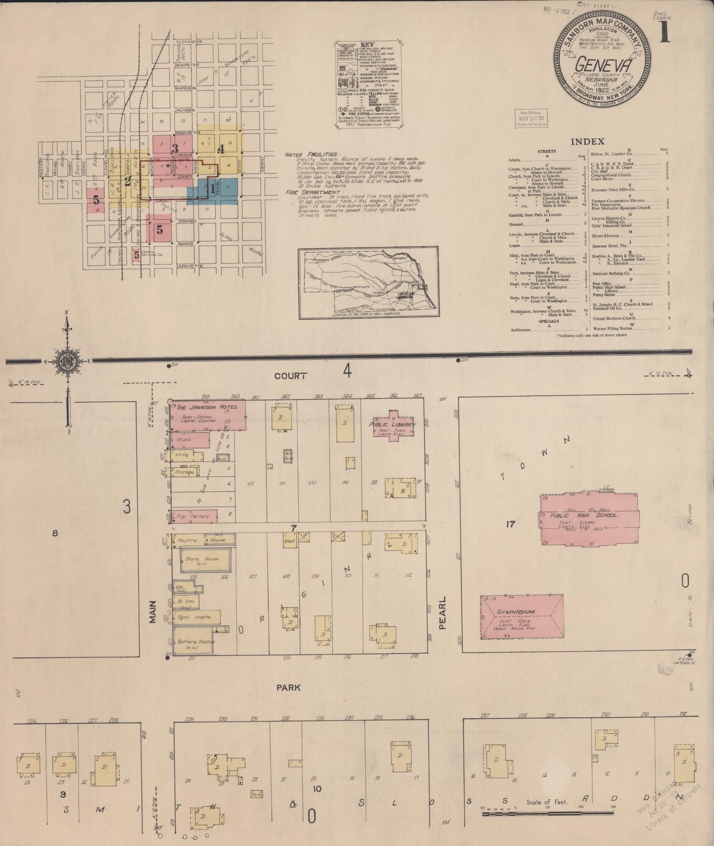 Sanborn Fire Insurance Map from Geneva, Fillmore County, Nebraska (1922), Sheet #0001 - Historic Sanborn Fire Insurance Map Print, vintage old map wall art, antique decor, genealogy gift, Nebraska Nebraska map