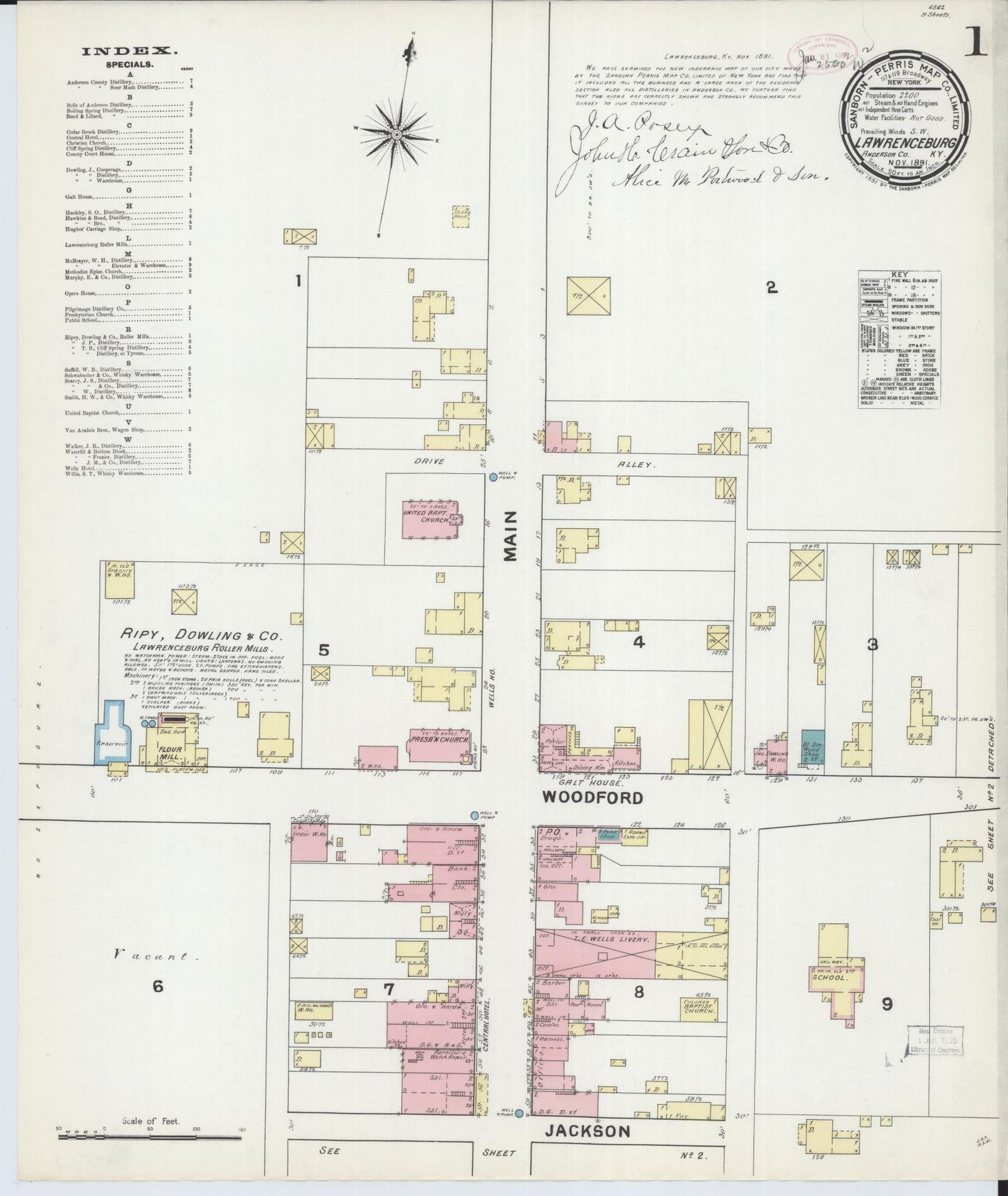 Sanborn Fire Insurance Map from Lawrenceburg, Anderson County, Kentucky (1891), Sheet #0001 - Historic Sanborn Fire Insurance Map Print, vintage old map wall art, antique decor, genealogy gift, Kentucky Kentucky map