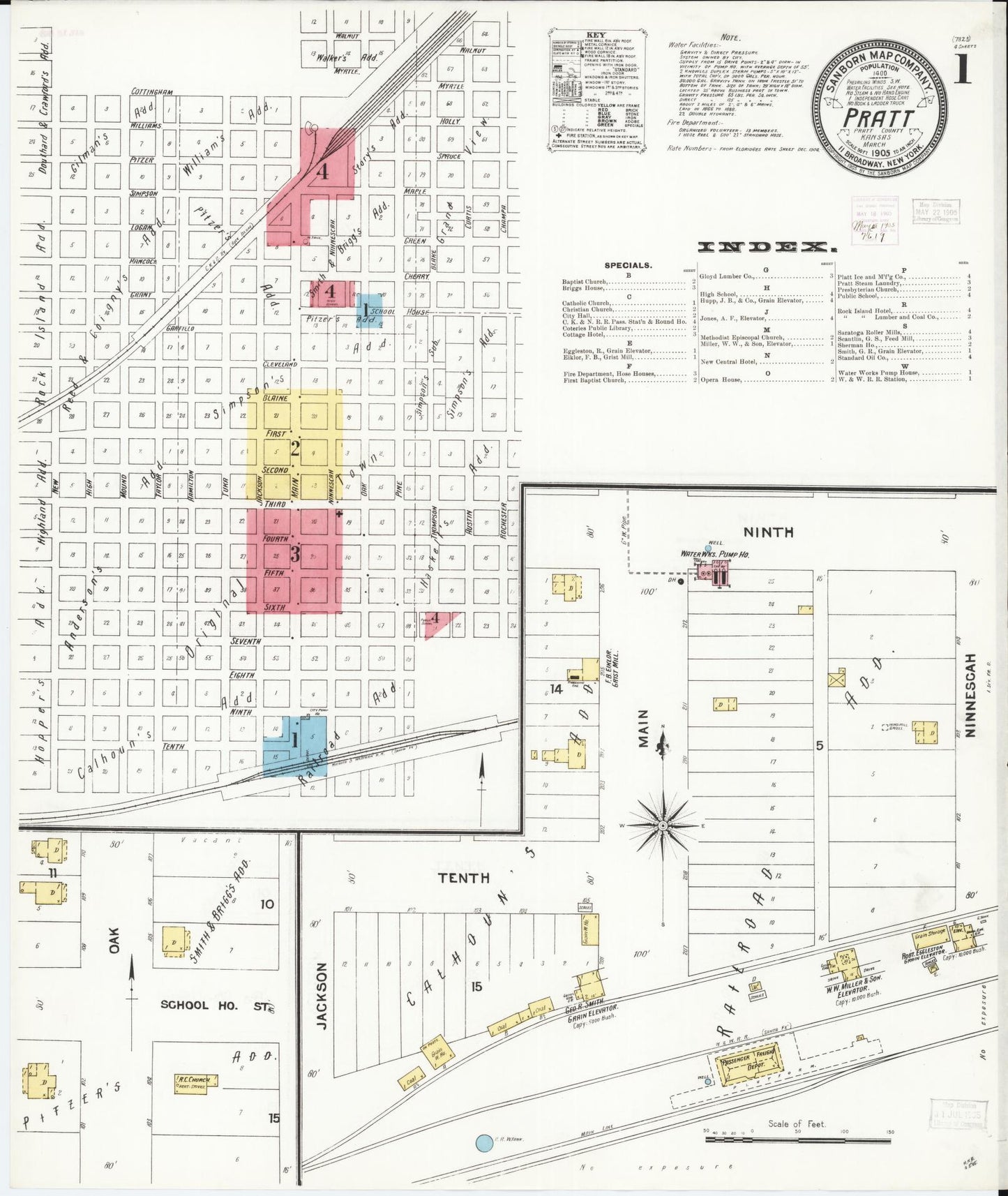 Sanborn Fire Insurance Map from Pratt, Pratt County, Kansas (1905), Sheet #0001 - Historic Sanborn Fire Insurance Map Print, vintage old map wall art, antique decor, genealogy gift, Kansas Kansas map