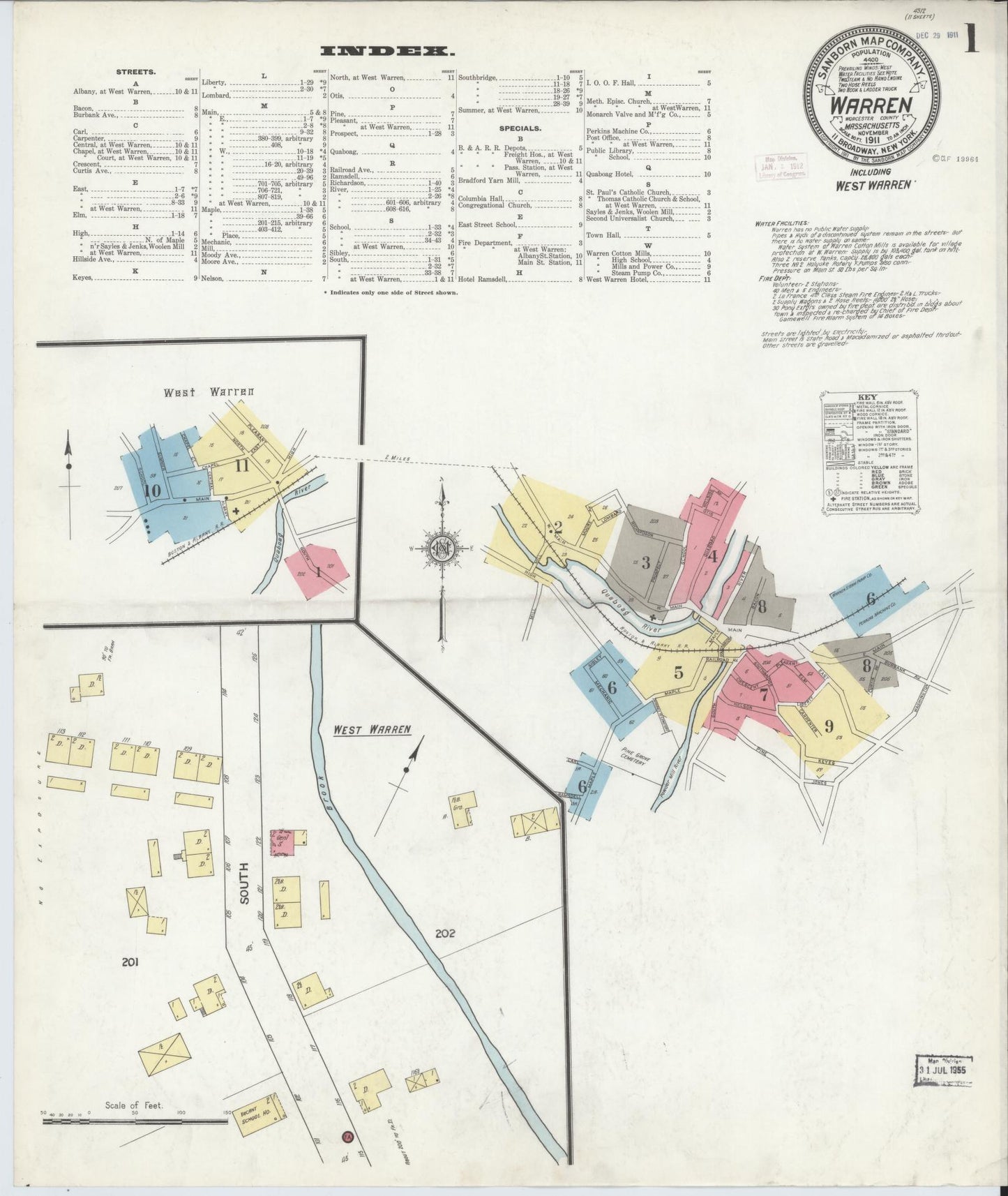 Sanborn Fire Insurance Map from Warren, Worcester County, Massachusetts (1911), Sheet #0001 - Historic Sanborn Fire Insurance Map Print, vintage old map wall art, antique decor, genealogy gift, Massachusetts Massachusetts map