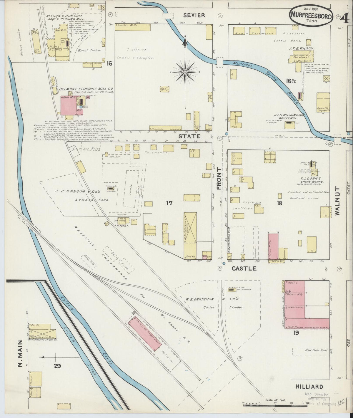 Sanborn Fire Insurance Map from Murfreesboro, Rutherford County, Tennessee (1891), Sheet #0004 - Historic Sanborn Fire Insurance Map Print, vintage old map wall art, antique decor, genealogy gift, Tennessee Tennessee map