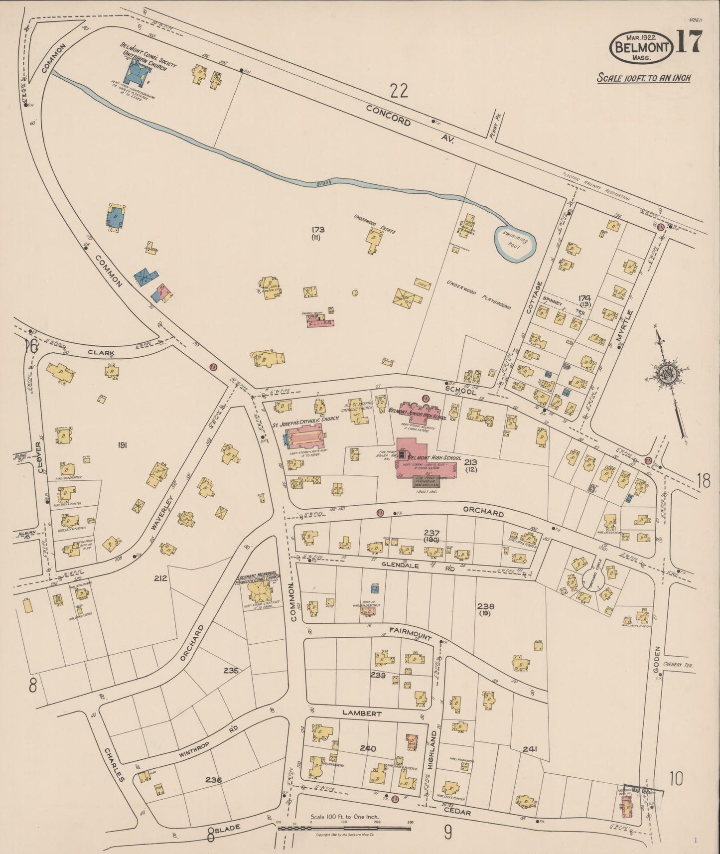 Sanborn Fire Insurance Map from Belmont, Middlesex County, Massachusetts (1922), Sheet #0017 - Historic Sanborn Fire Insurance Map Print, vintage old map wall art, antique decor, genealogy gift, Massachusetts Massachusetts map