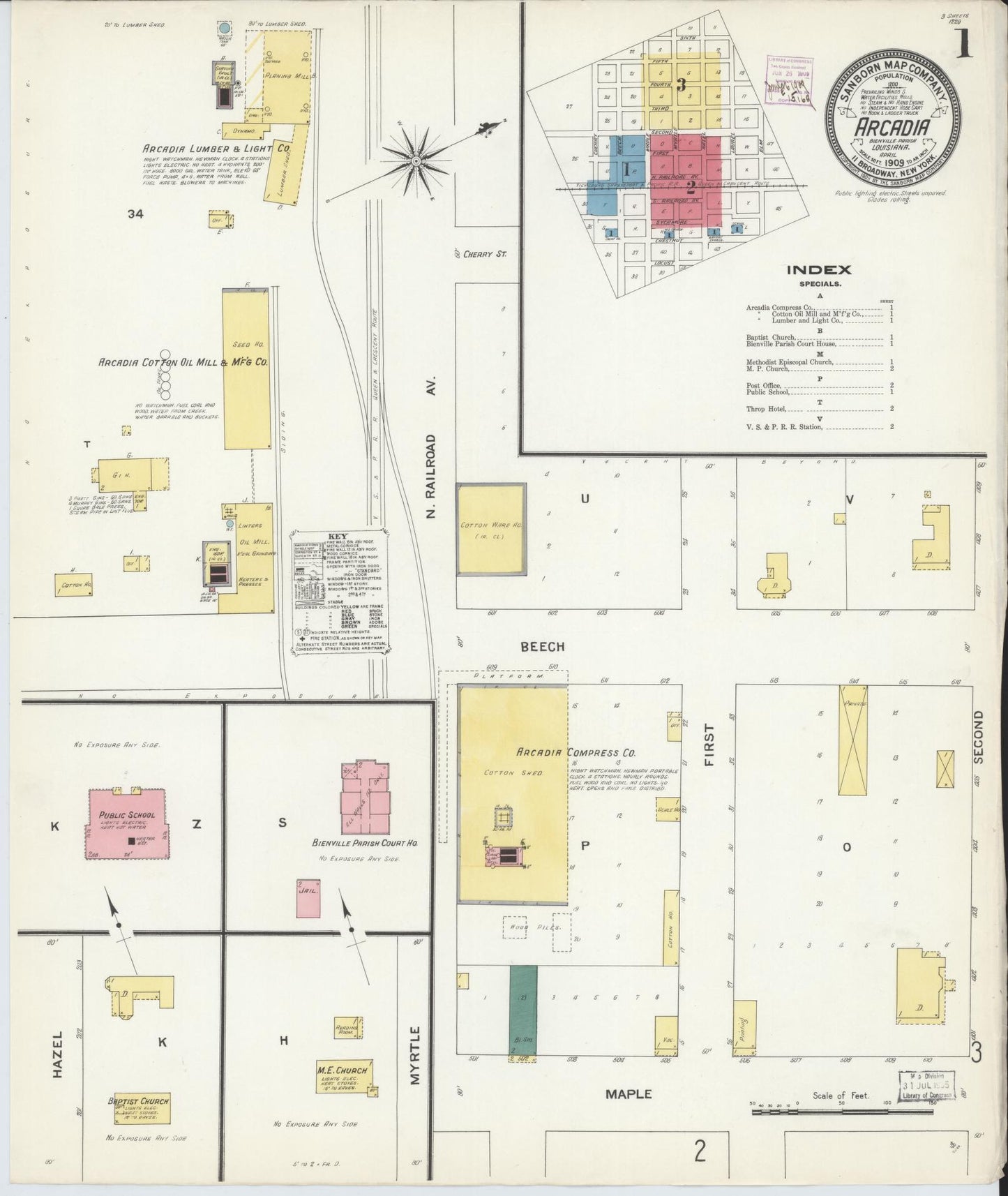 Sanborn Fire Insurance Map from Arcadia, Bienville Parish, Louisiana (1909), Sheet #0001 - Historic Sanborn Fire Insurance Map Print, vintage old map wall art, antique decor, genealogy gift, Louisiana Louisiana map