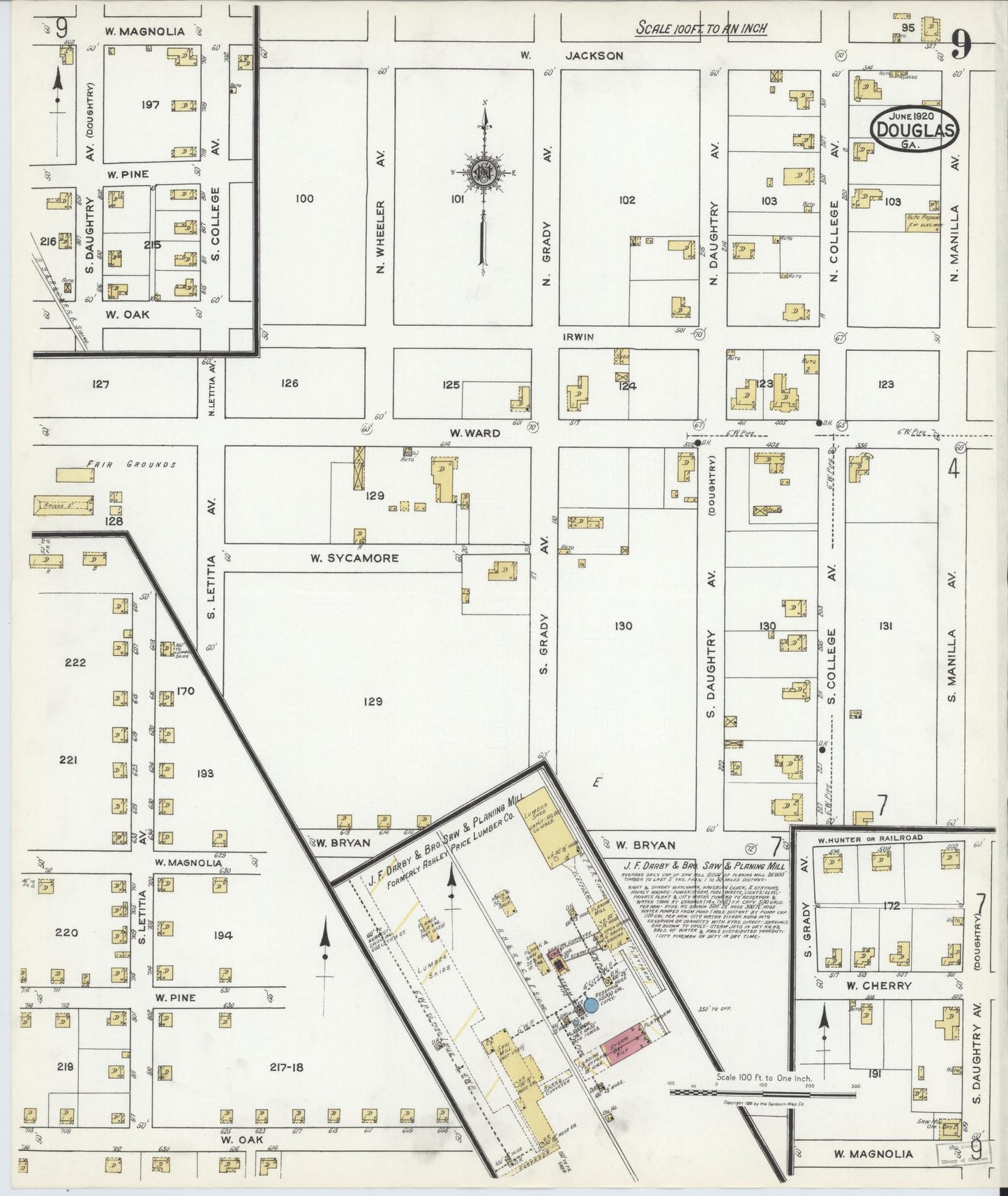 Sanborn Fire Insurance Map from Douglas, Coffee County, Georgia (1920), Sheet #0009 - Historic Sanborn Fire Insurance Map Print, vintage old map wall art, antique decor, genealogy gift, Georgia Georgia map