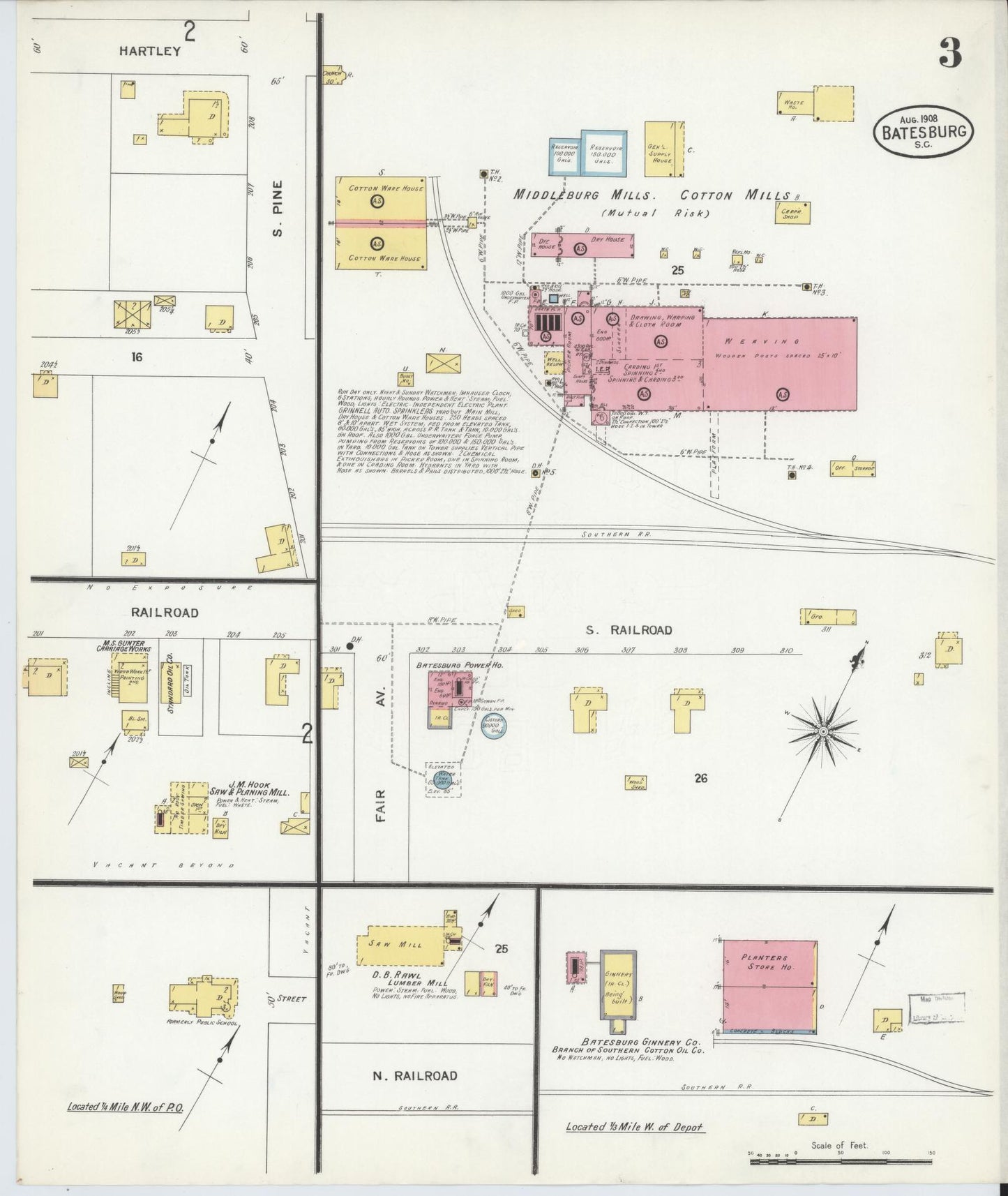 Sanborn Fire Insurance Map from Batesburg, Lexington And Saluda Counties, South Carolina (1908), Sheet #0003 - Complete Map Set gallery image, historic Sanborn map, vintage wall art, South Carolina South Carolina