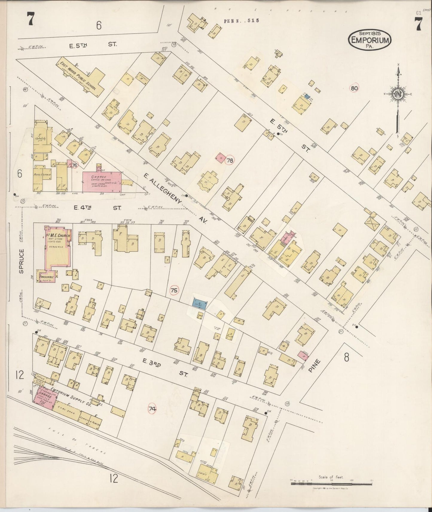Sanborn Fire Insurance Map from Emporium, Cameron County, Pennsylvania (1938), Sheet #0007 - Historic Sanborn Fire Insurance Map Print, vintage old map wall art, antique decor, genealogy gift, Pennsylvania Pennsylvania map