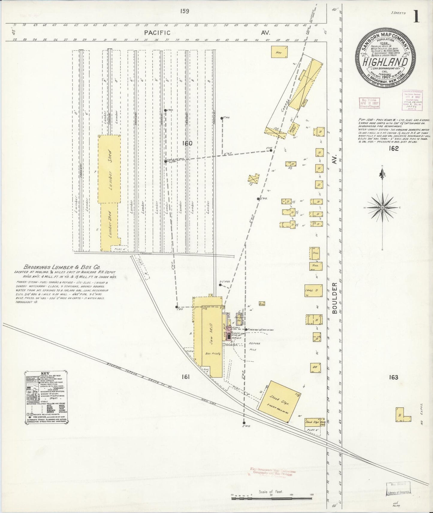 Sanborn Fire Insurance Map from Highland, San Bernardino County, California (1907), Sheet #0001 - Historic Sanborn Fire Insurance Map Print, vintage old map wall art, antique decor, genealogy gift, California California map