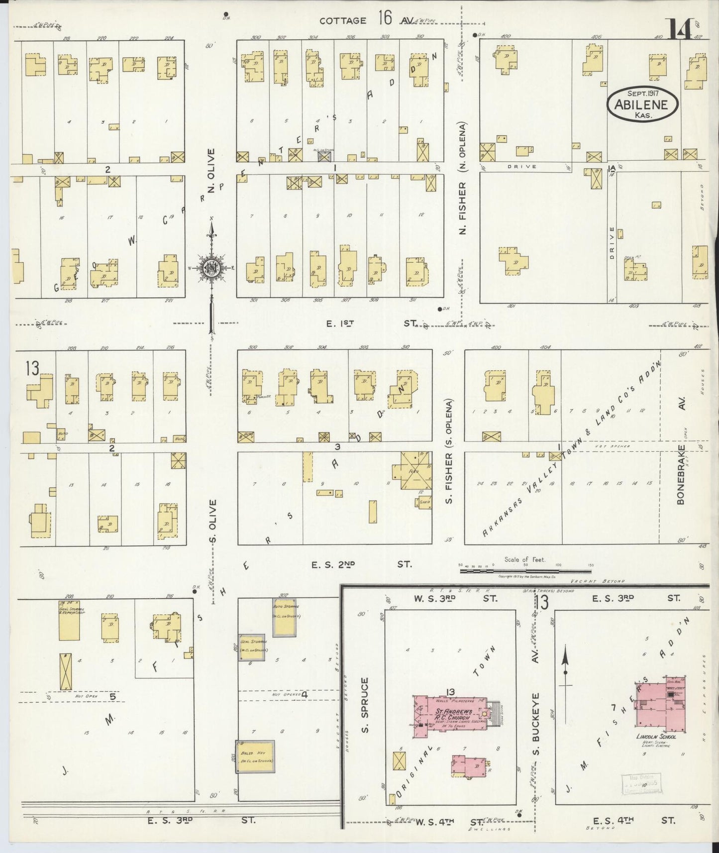 Sanborn Fire Insurance Map from Abilene, Dickinson County, Kansas (1917), Sheet #0014 - Historic Sanborn Fire Insurance Map Print, vintage old map wall art, antique decor, genealogy gift, Kansas Kansas map