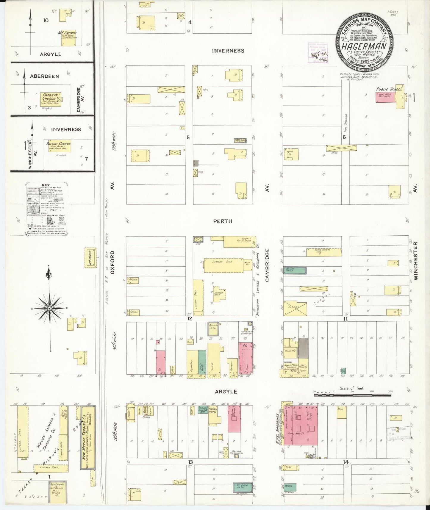 Sanborn Fire Insurance Map from Hagerman, Chaves County, New Mexico (1909), Sheet #0001 - Historic Sanborn Fire Insurance Map Print, vintage old map wall art, antique decor, genealogy gift, New Mexico New Mexico map