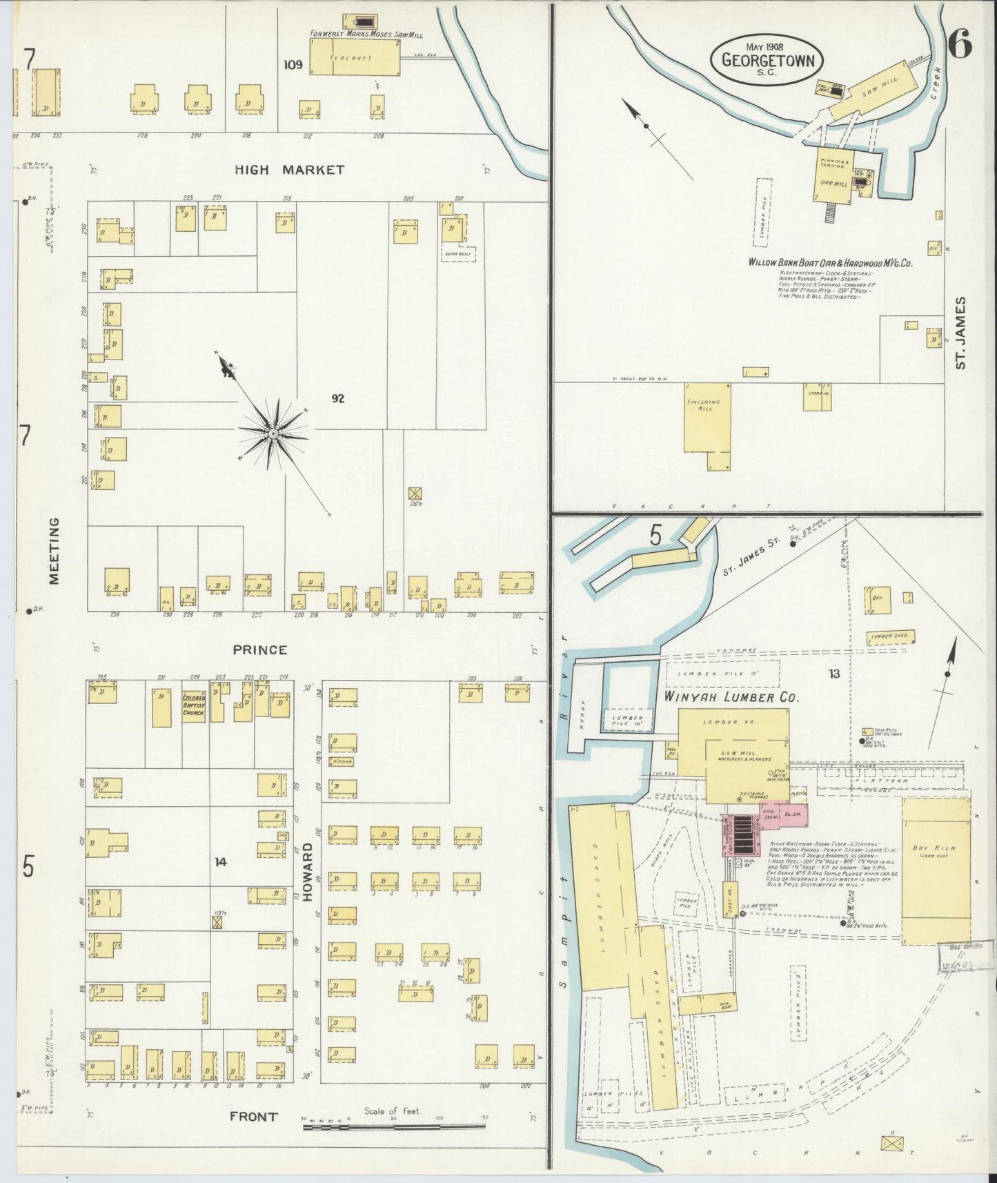 Sanborn Fire Insurance Map from Georgetown, Georgetown County, South Carolina (1908), Sheet #0006 - Historic Sanborn Fire Insurance Map Print, vintage old map wall art, antique decor, genealogy gift, South Carolina South Carolina map
